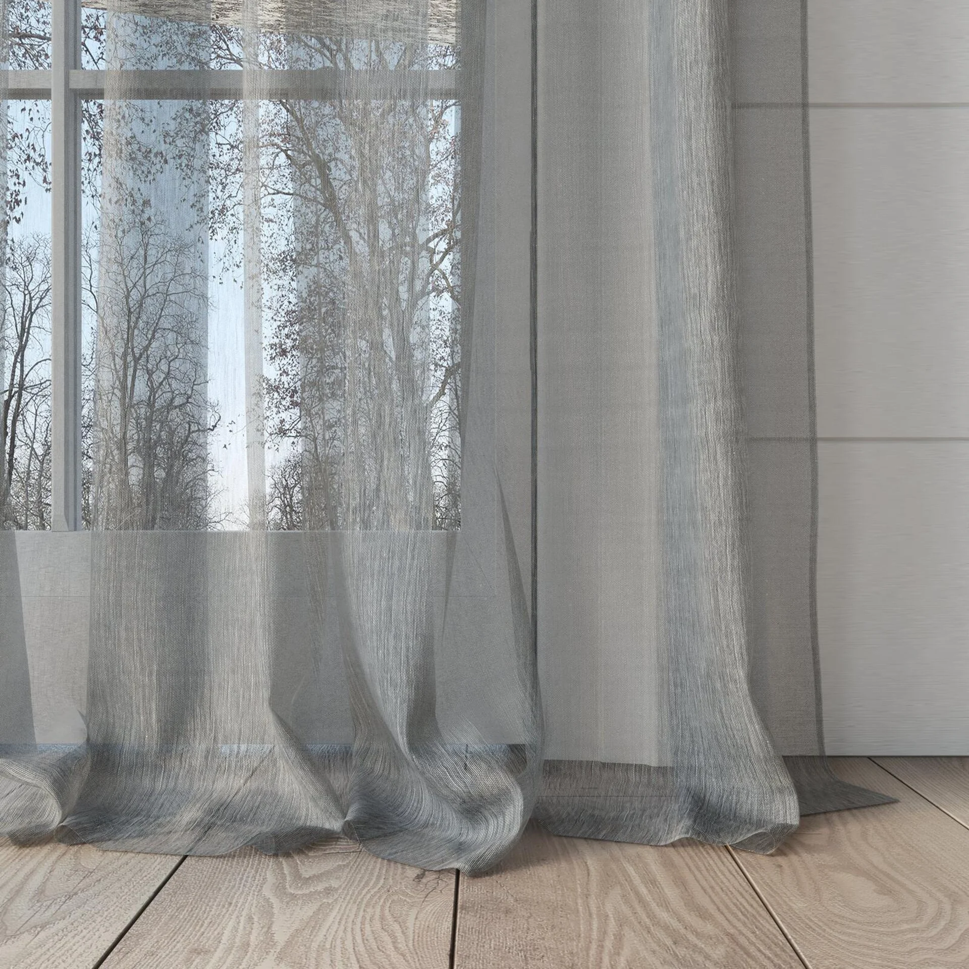 Bottom view of Makai (JDG) Birch, puddled, on curtain rod