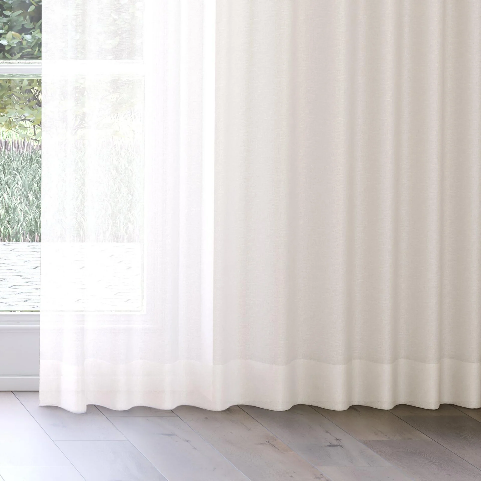 Bottom view of Alcova Greige, on curtain rail