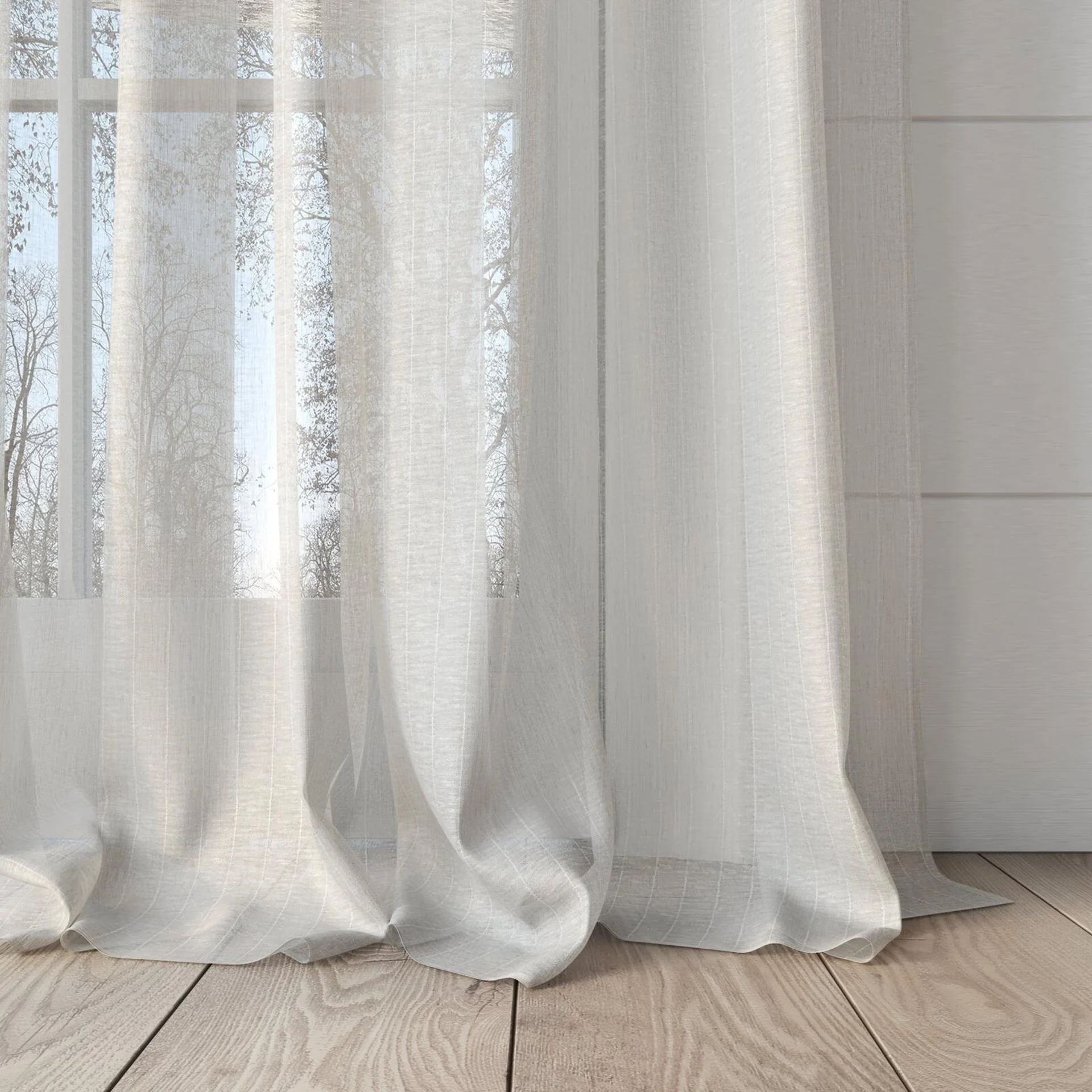 Bottom view of Nikau Sand, puddled, on curtain rod