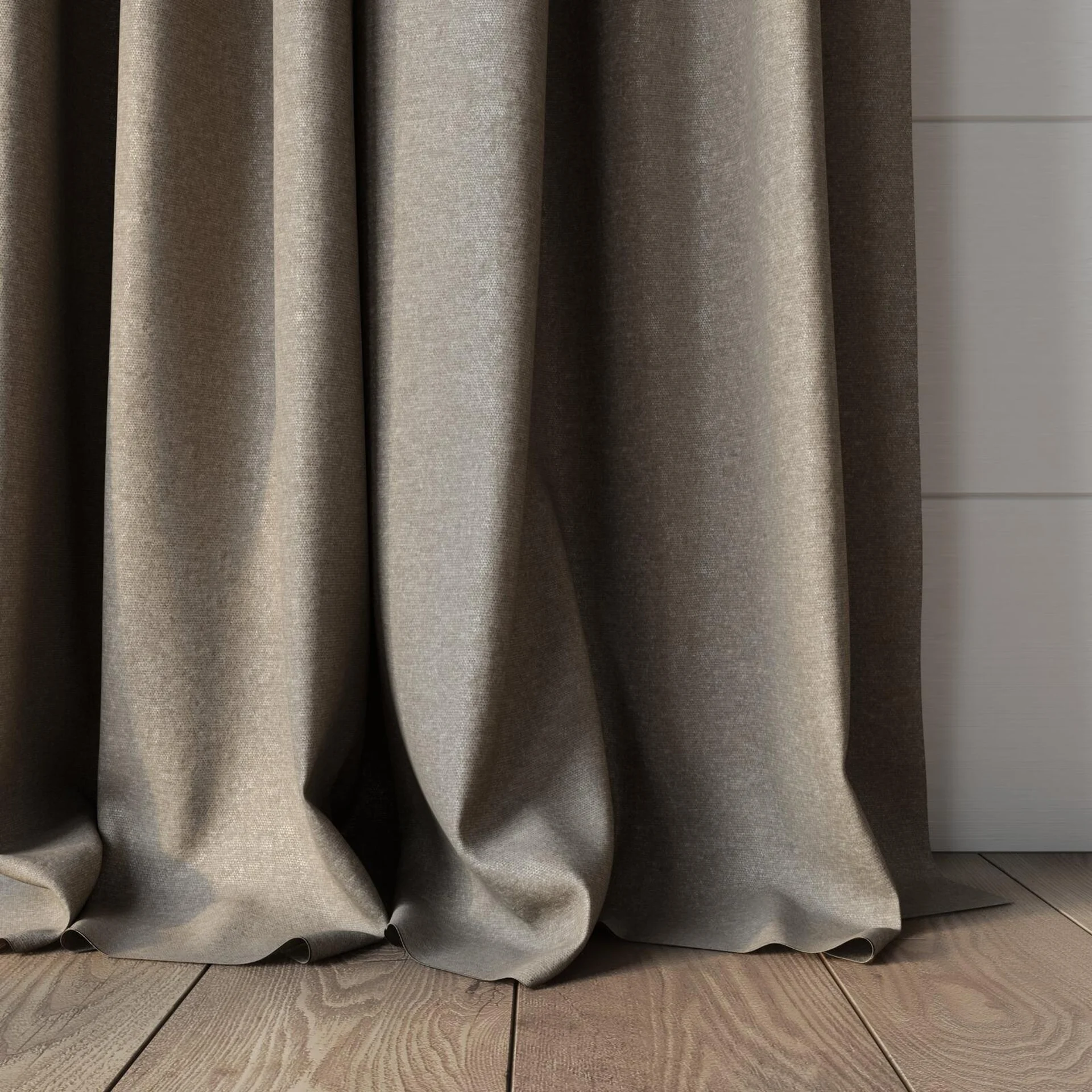 Bottom view of Recharge Linen, puddled, on curtain rod