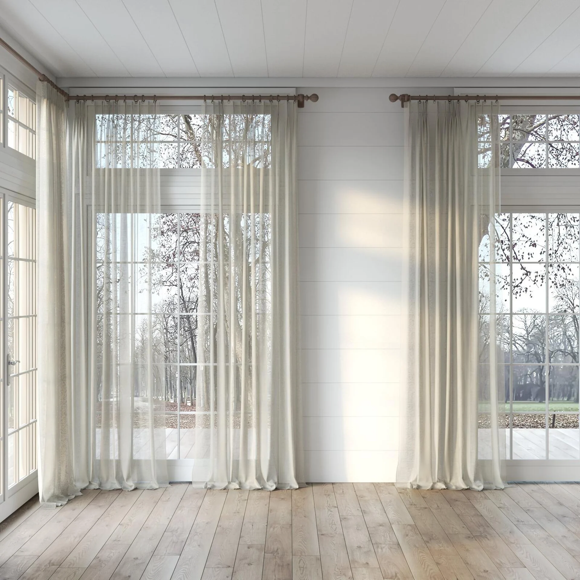 Full view of Kumo Recycled Linen, puddled, on curtain rod