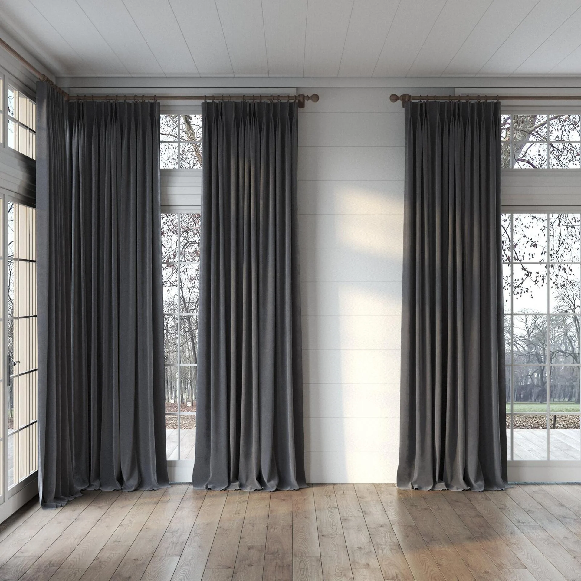Full view of Lux Velvet Smoke 8703, puddled, on curtain rod