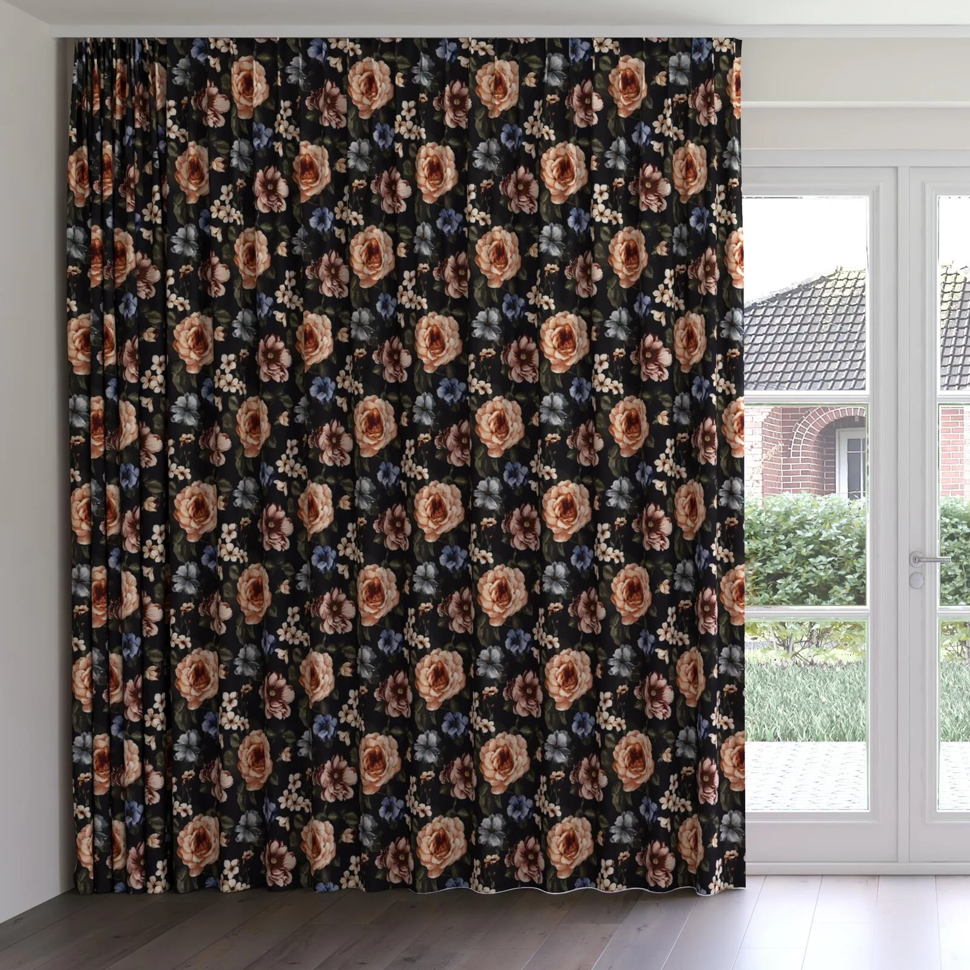 Front view of Miriam Midnight, on curtain rail