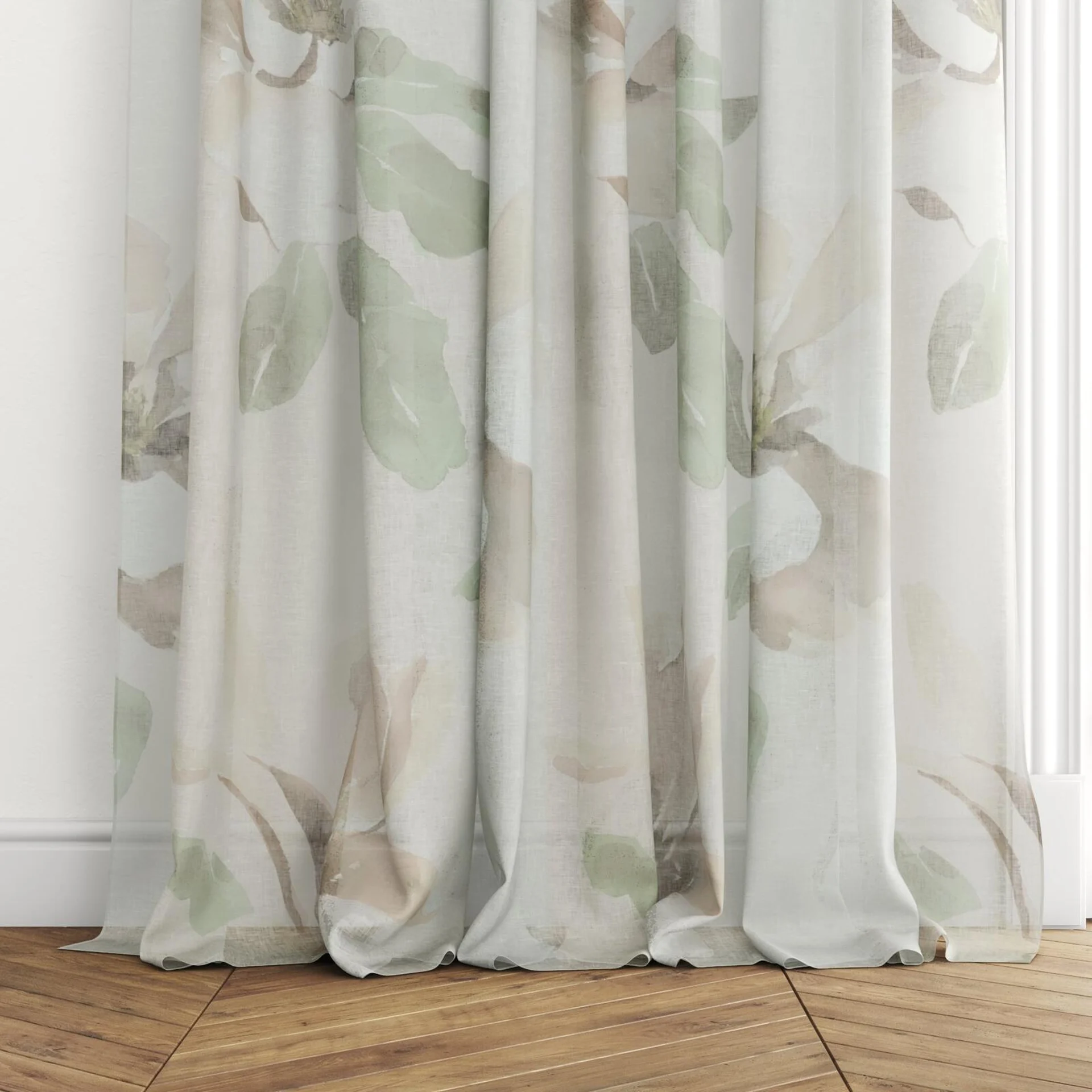 Bottom view of Magnolia Grande Sheer Musk, puddled with pinch pleat, on curtain rod
