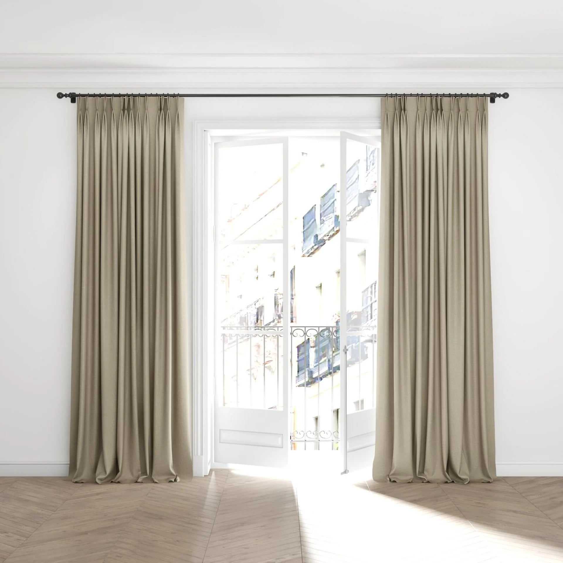 Full view of Casual Wheat, puddled with pinch pleat, on curtain rod