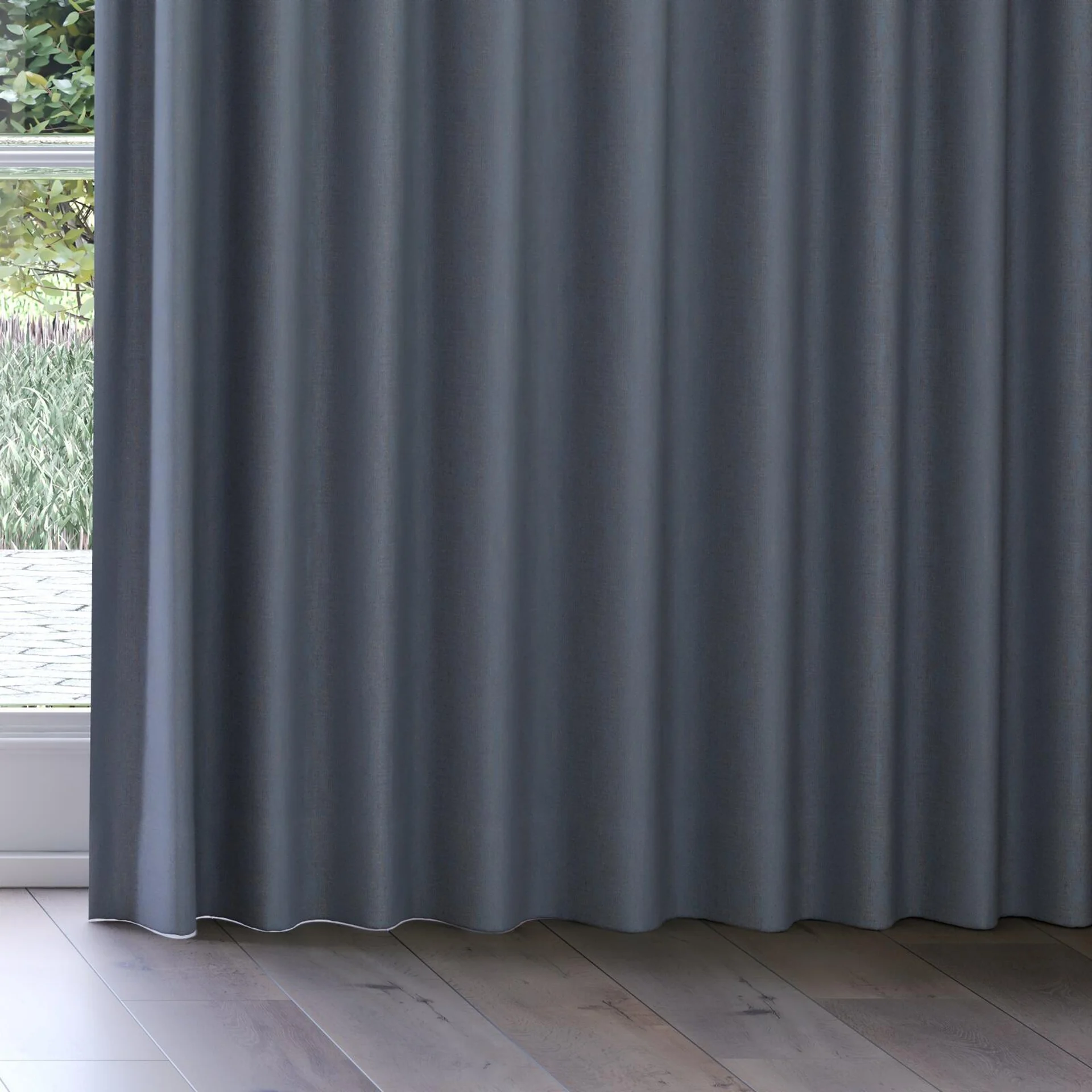 Bottom view of Aria Indigo, on curtain rail