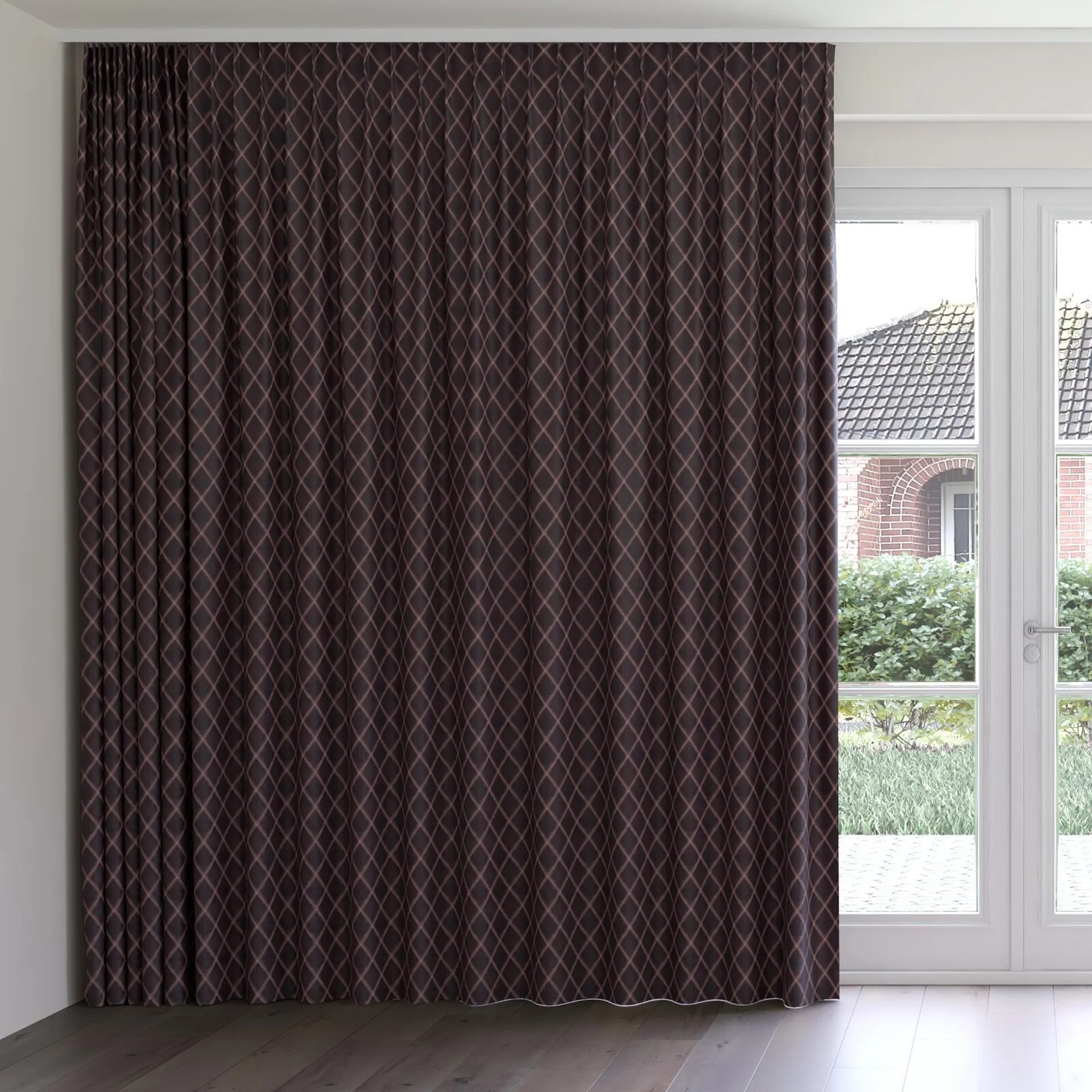 Front view of Pantheon Plum, on curtain rail
