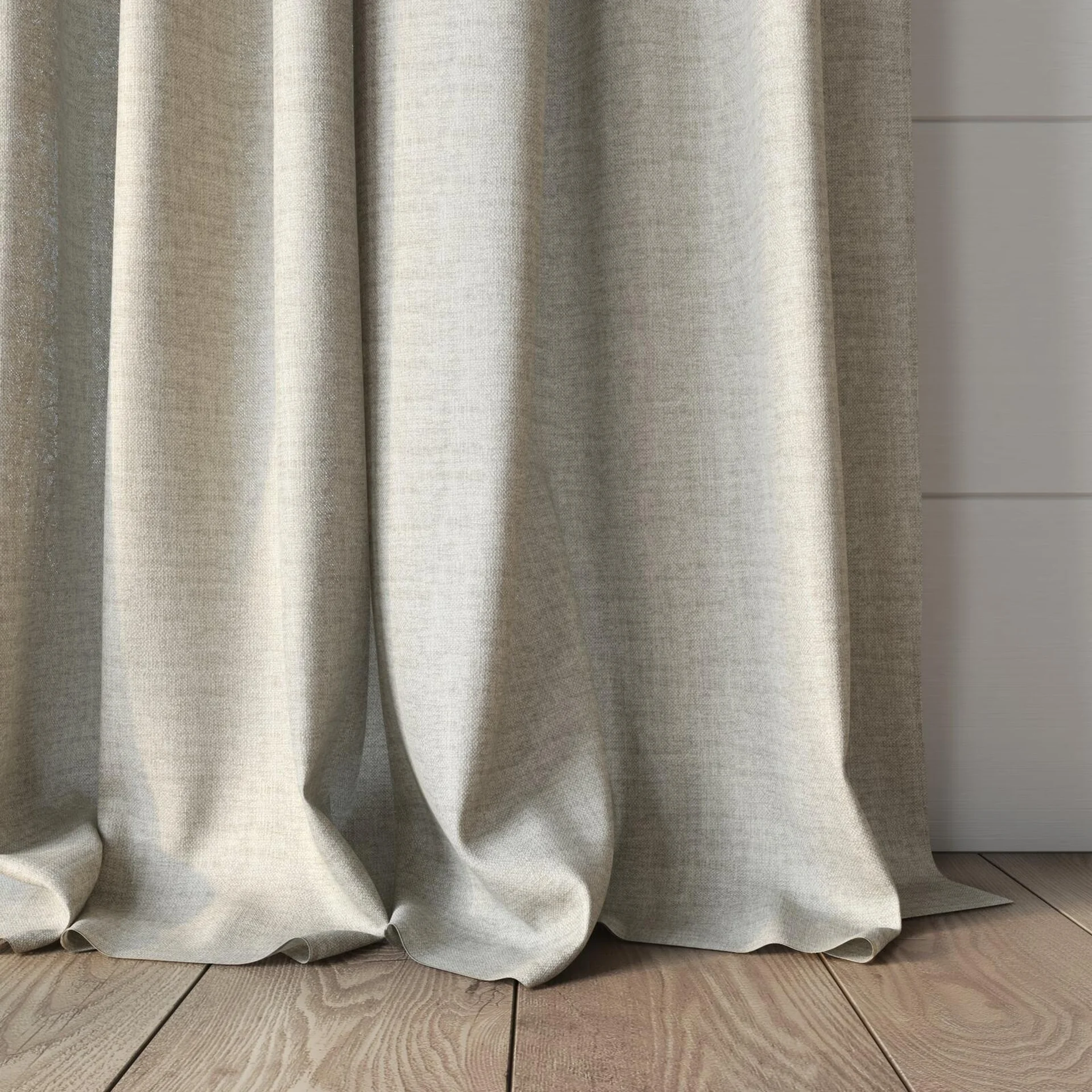 Bottom view of Motion Dune, puddled, on curtain rod