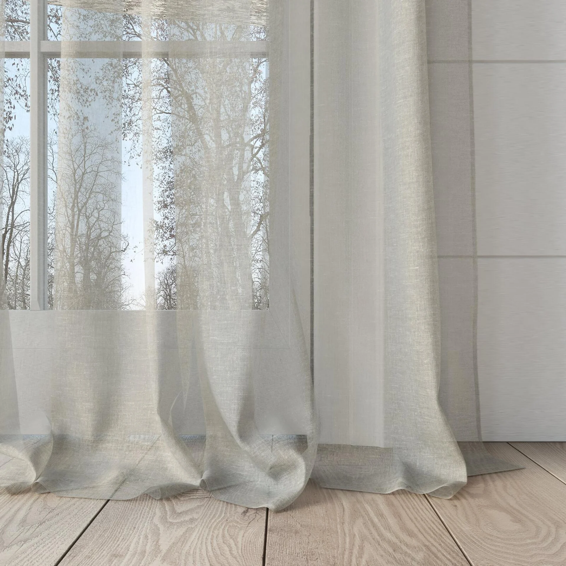 Bottom view of Rhyme Fog, puddled, on curtain rod