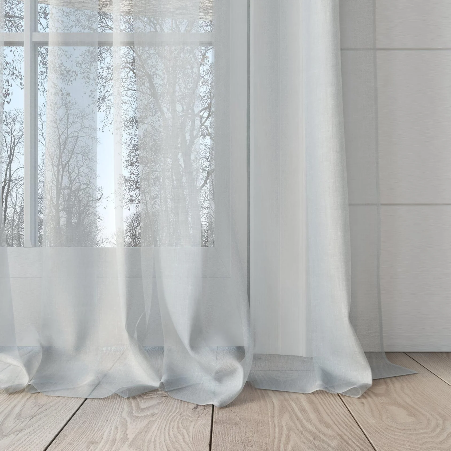 Bottom view of Audiance Swan, puddled, on curtain rod