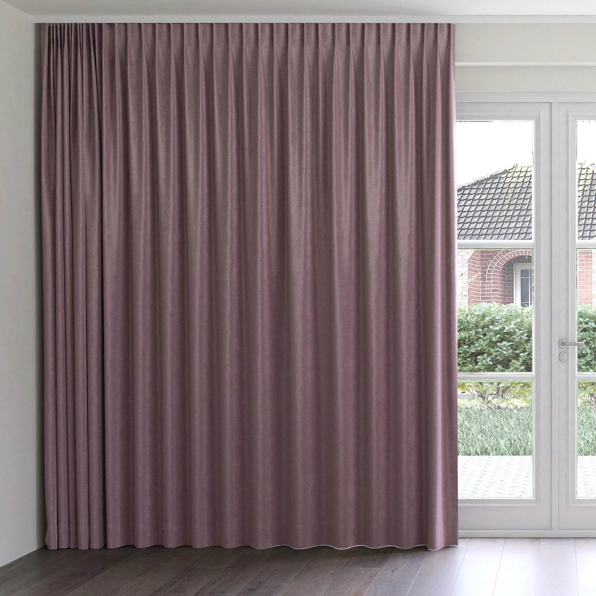 Front view of Velvelux Amethyst, on curtain rail