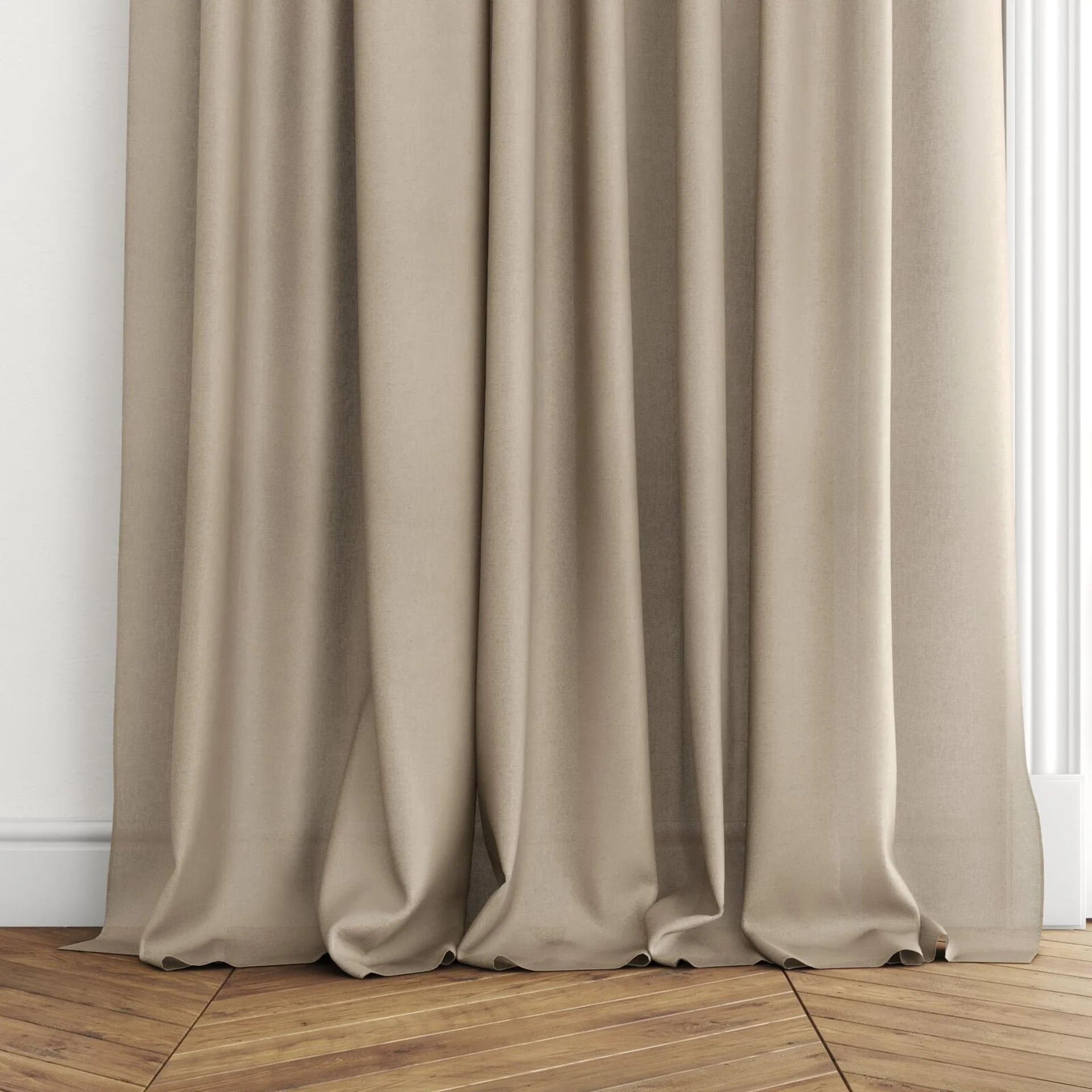 Bottom view of Open Otter, puddled with pinch pleat, on curtain rod