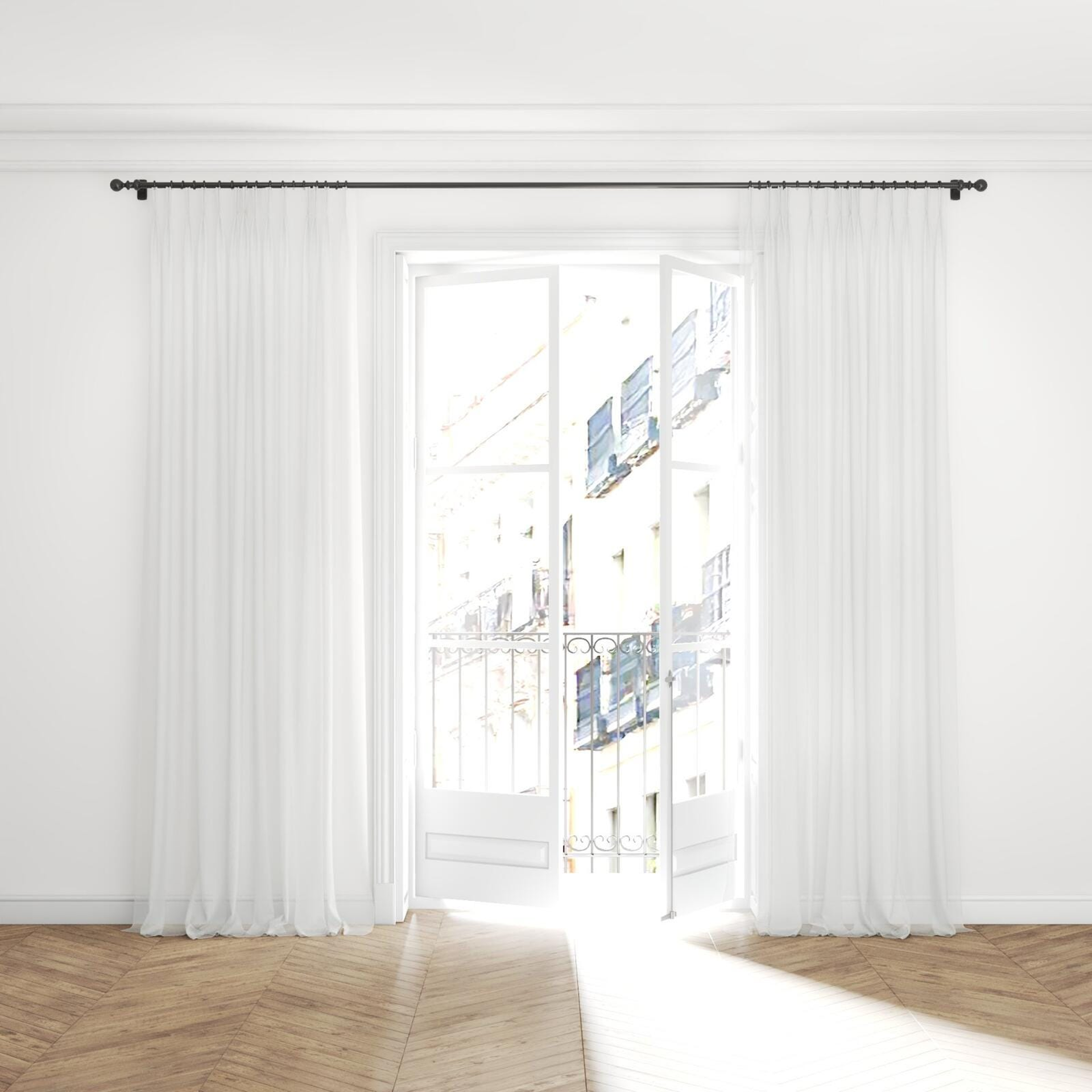 Full view of Sardinia Whitewash, puddled with pinch pleat, on curtain rod