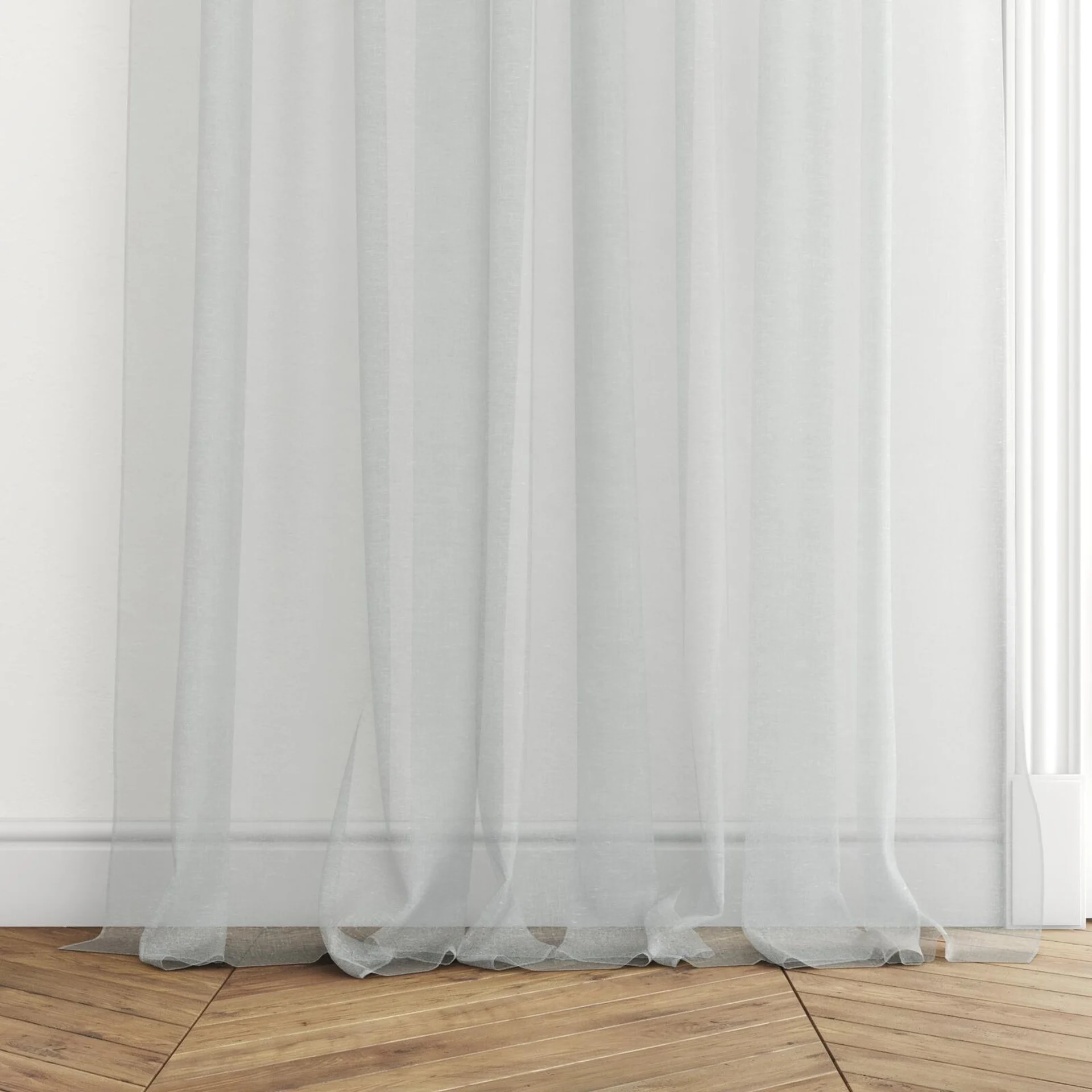 Bottom view of Rhyme Sky, puddled with pinch pleat, on curtain rod