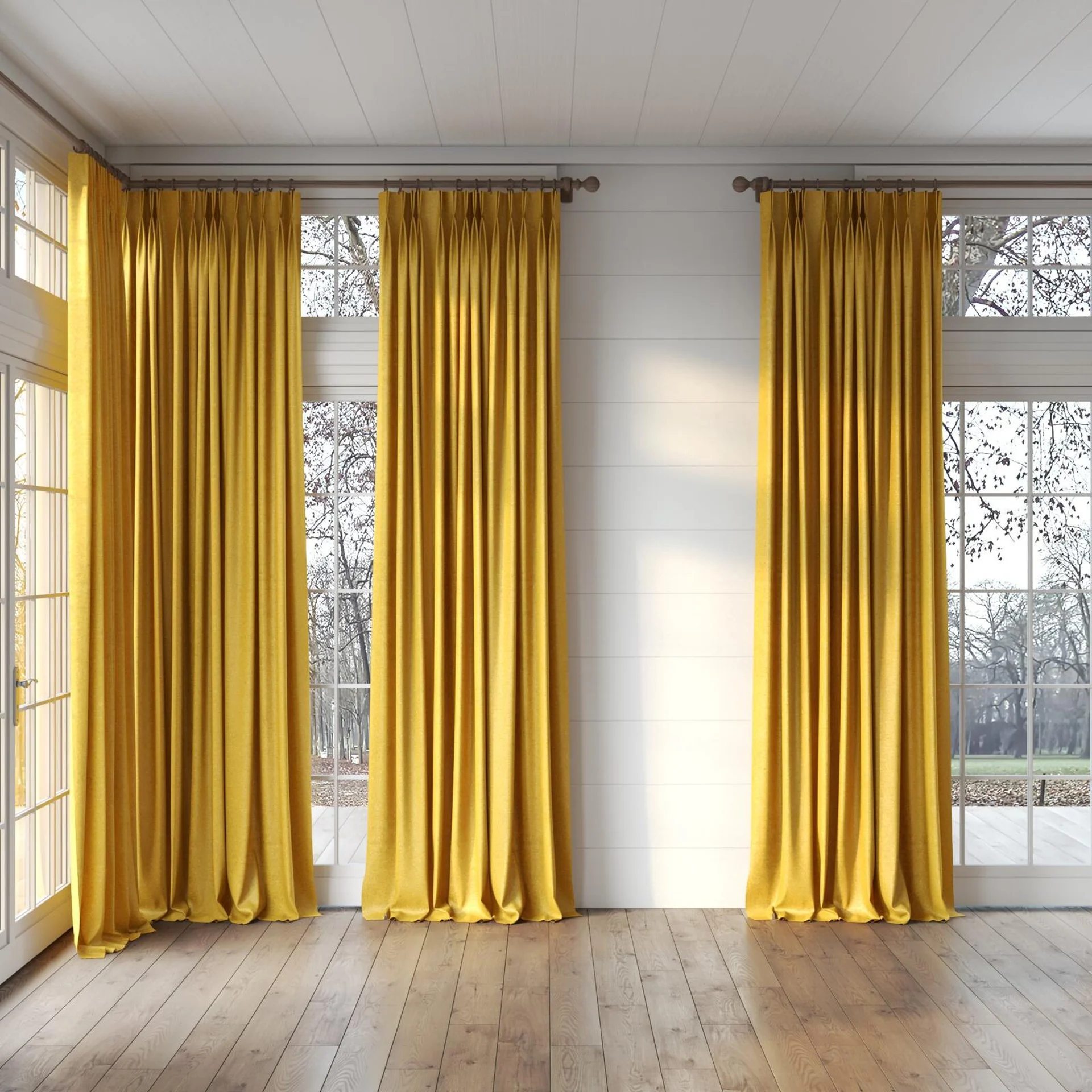 Full view of Lambada Mimosa, puddled, on curtain rod