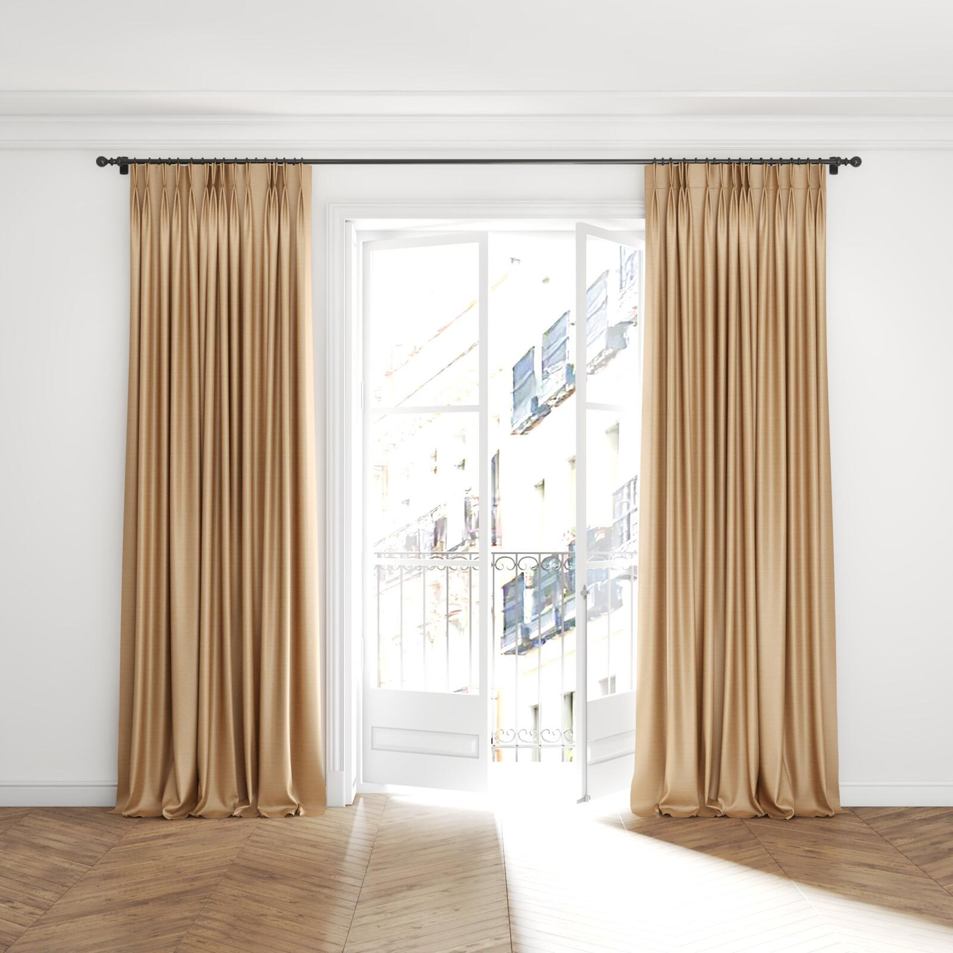 Full view of Silky Peach, puddled with pinch pleat, on curtain rod