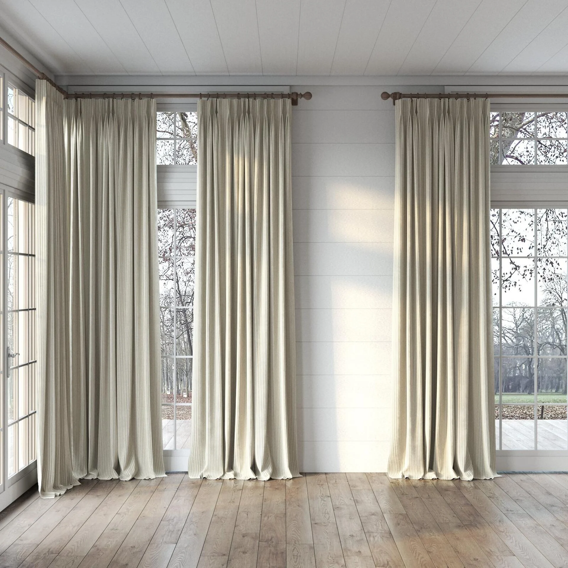Full view of Embrace Sand, puddled, on curtain rod