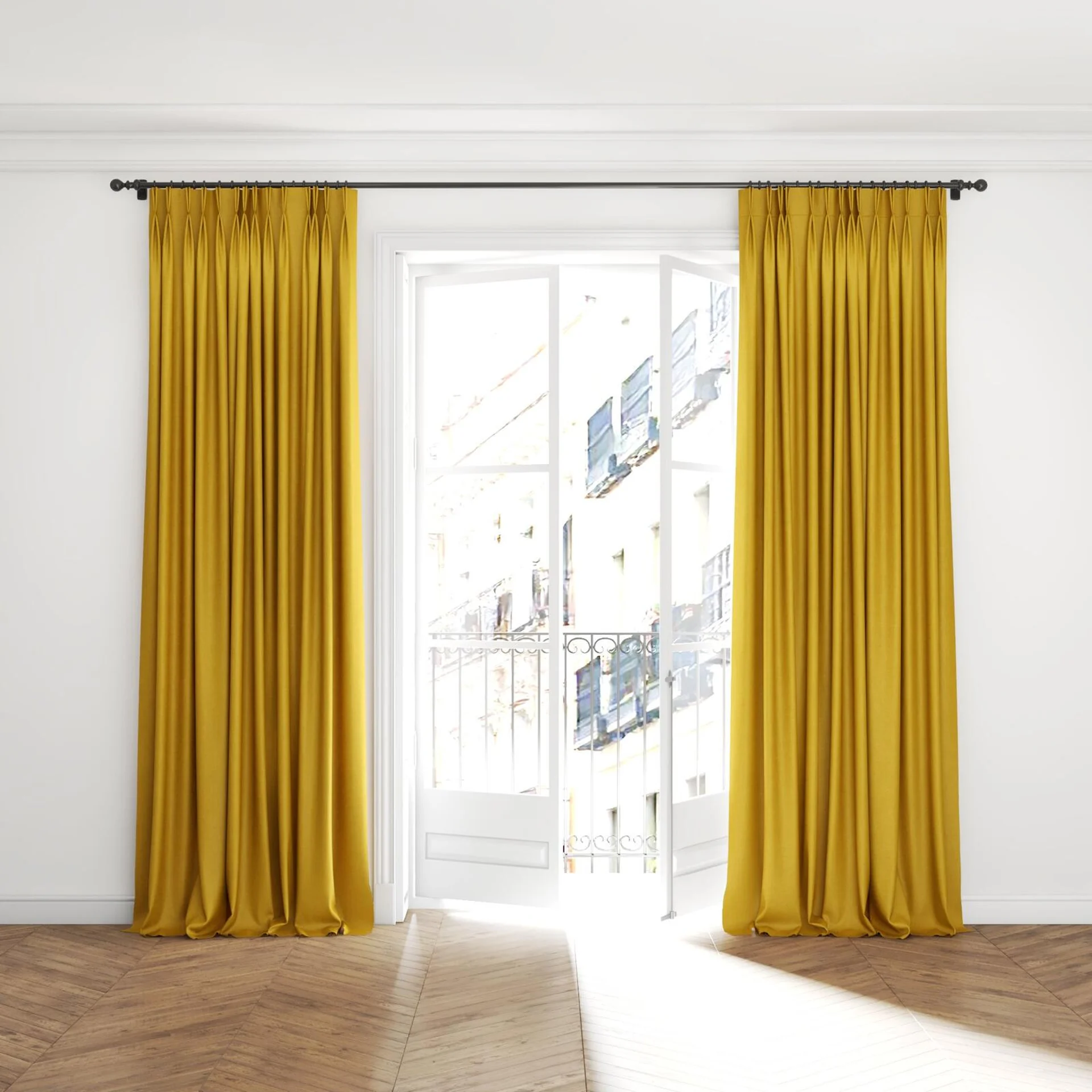 Full view of Bronco Gold, puddled with pinch pleat, on curtain rod