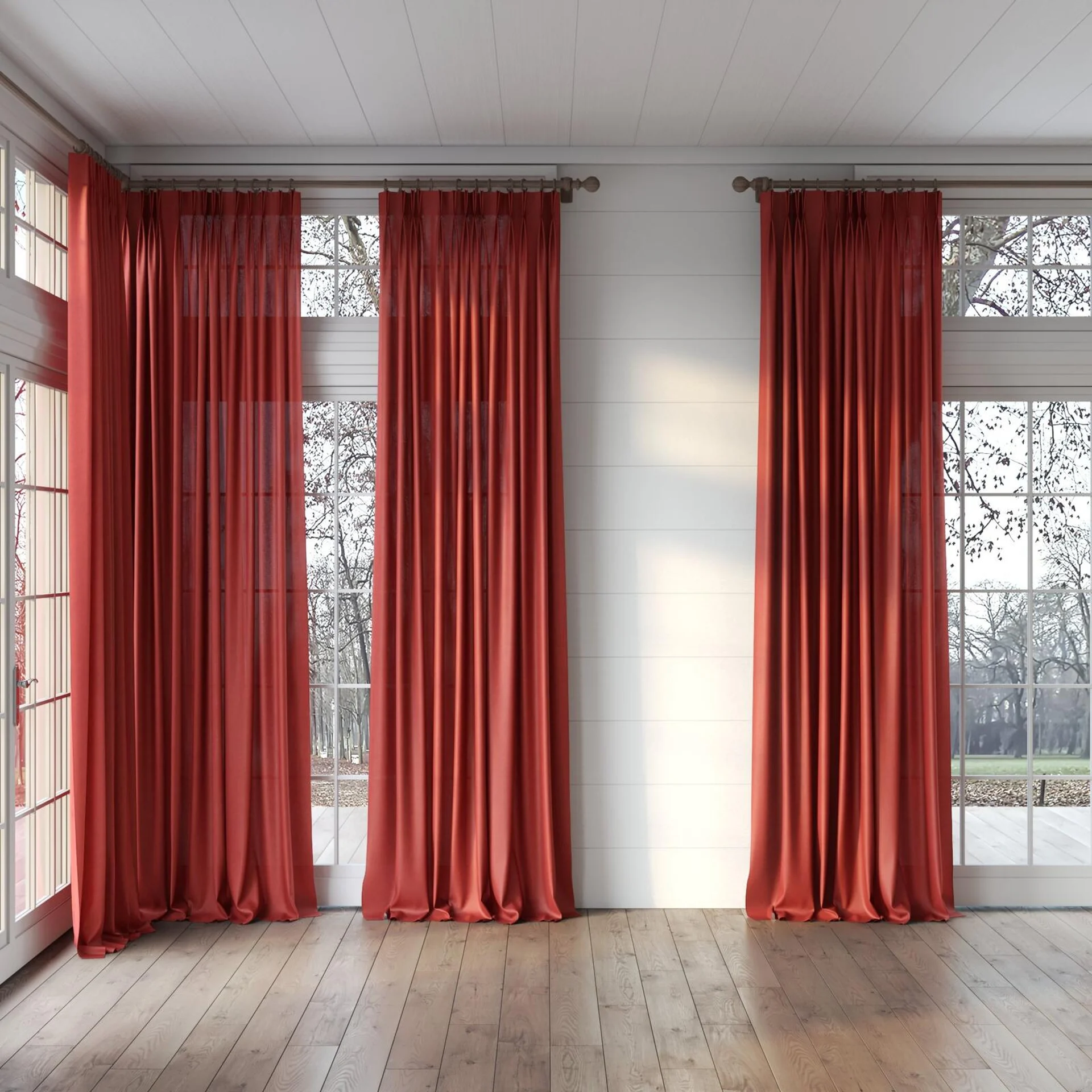 Full view of Flo II Bordeaux, puddled, on curtain rod