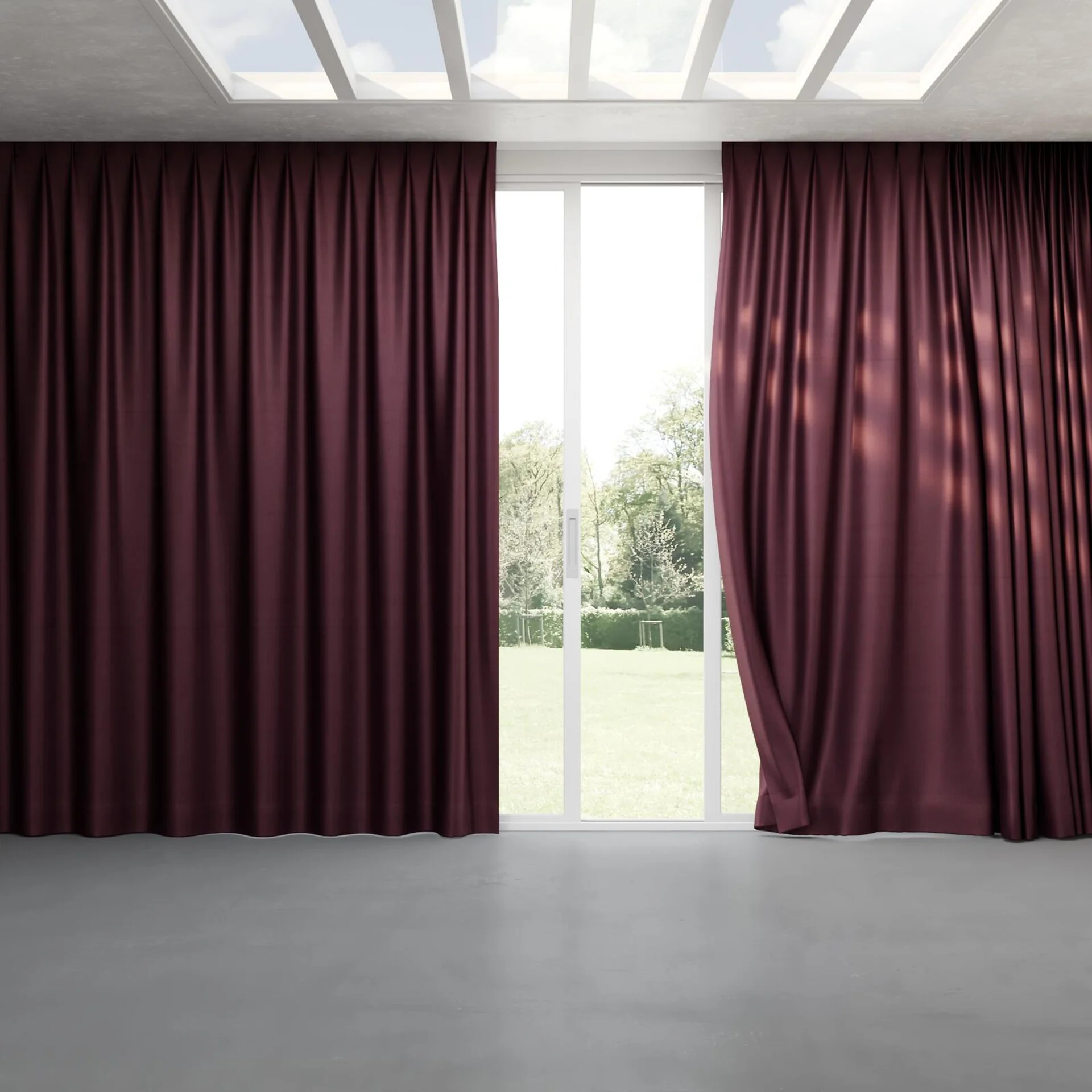 Full view of Warlock Aubergine, pinch pleat