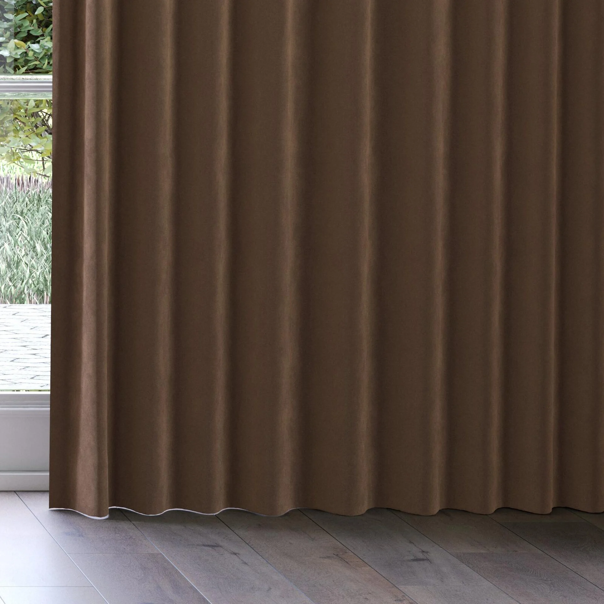 Bottom view of Lux Velvet Cocoa 8409, on curtain rail