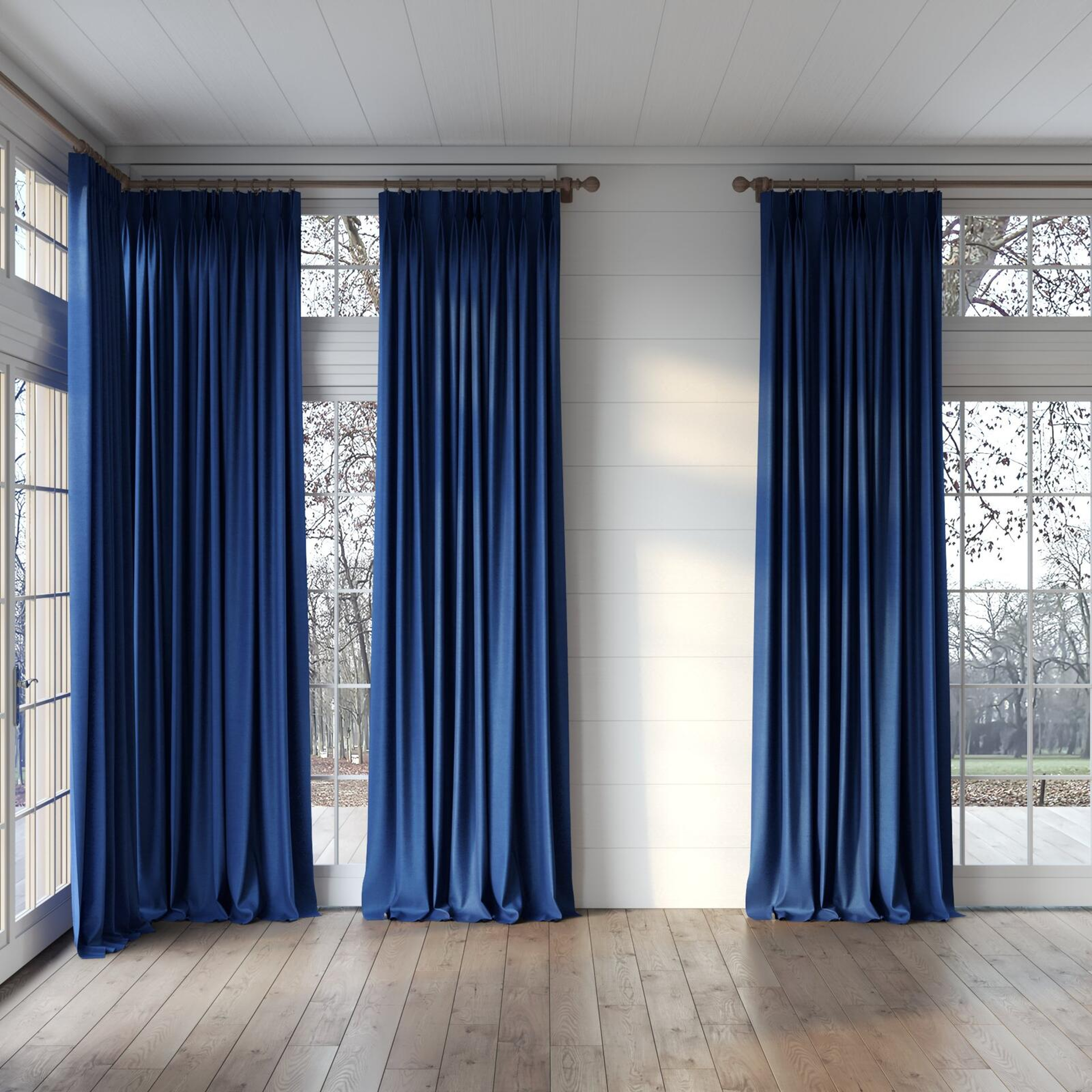 Full view of Drama Fjord, puddled, on curtain rod