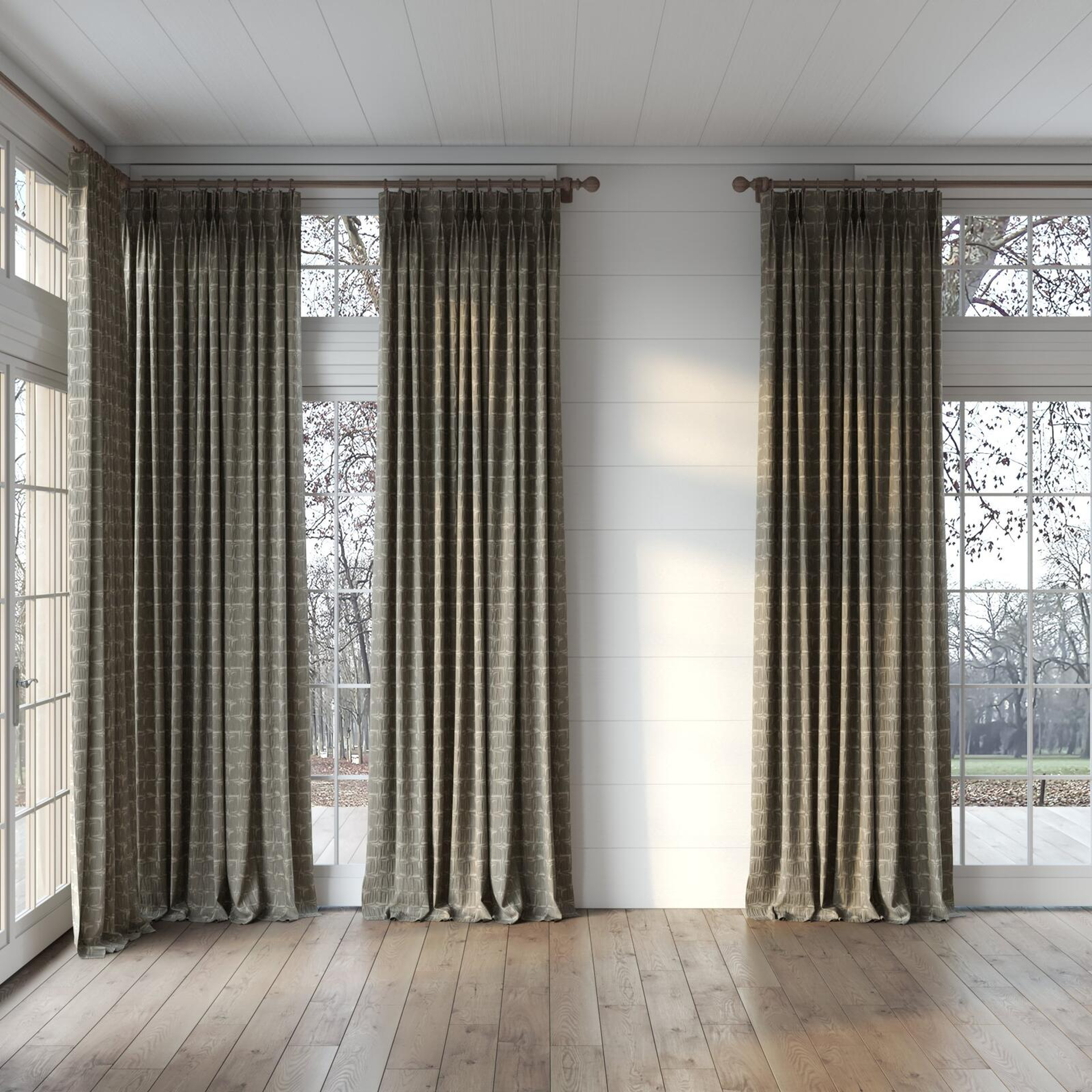 Full view of Novella Sterling, puddled, on curtain rod