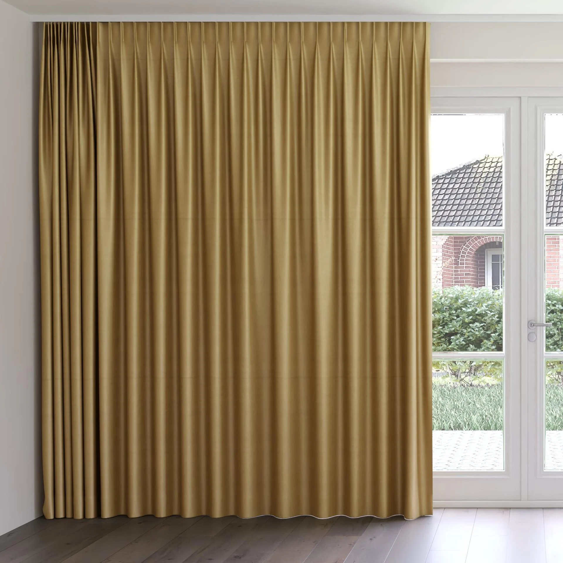 Front view of Warlock Tan, on curtain rail