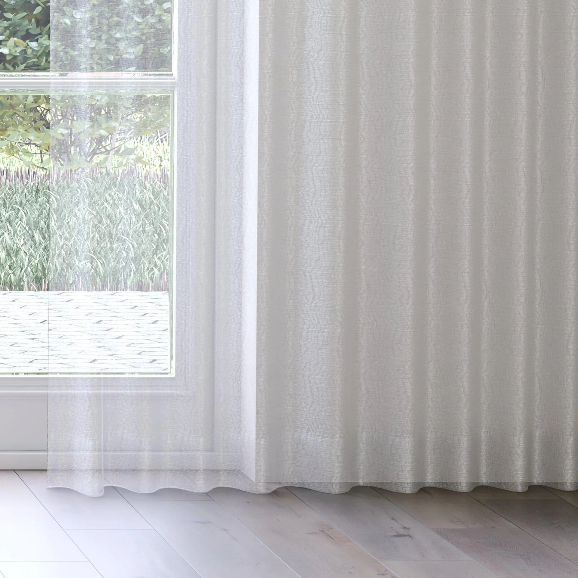 Bottom view of Jasmone Silver, on curtain rail