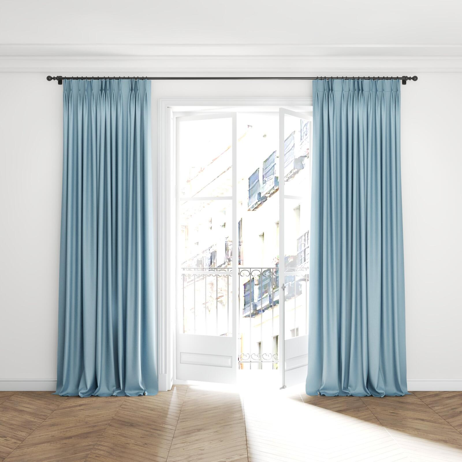 Full view of Bavaria Aqua, puddled with pinch pleat, on curtain rod