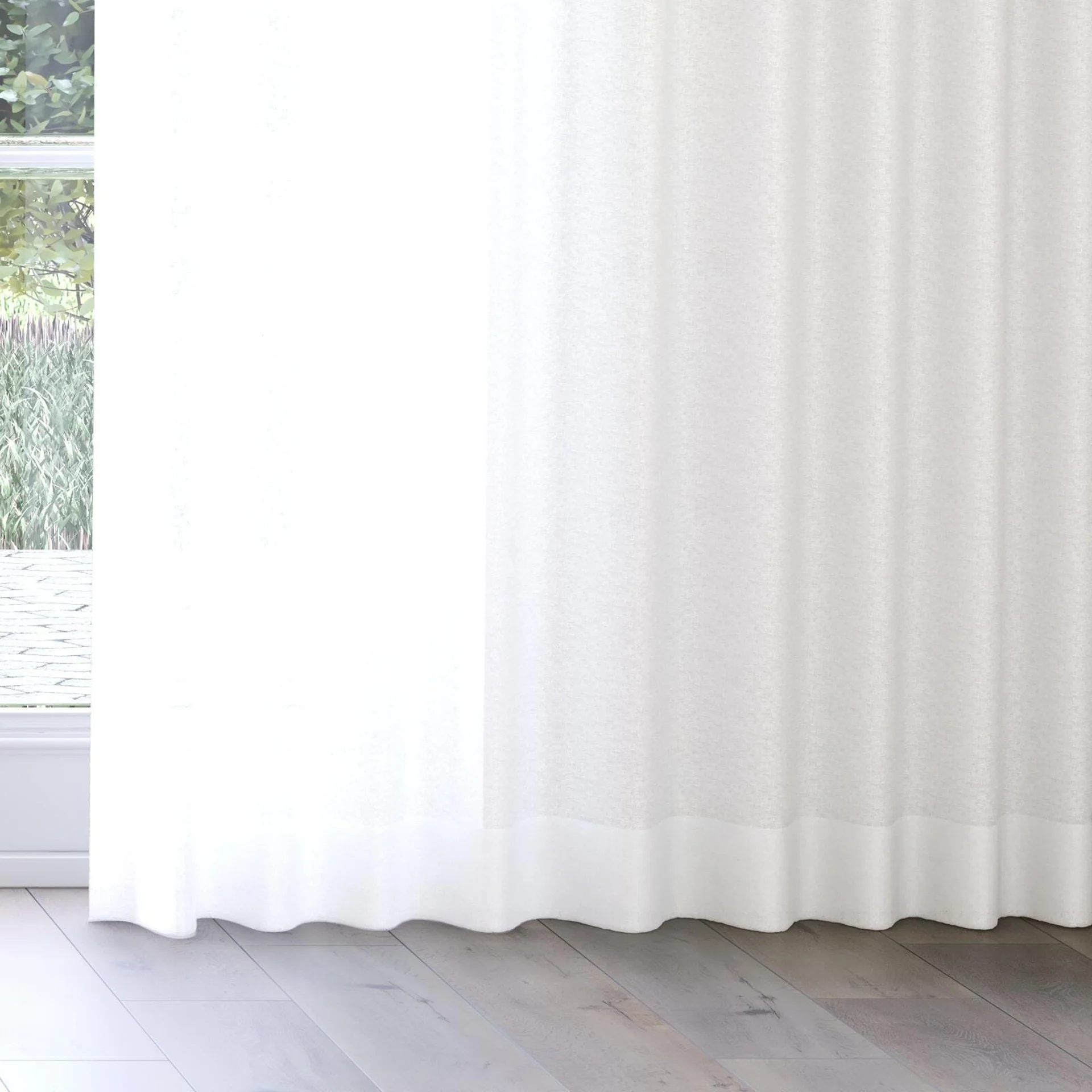 Bottom view of Kanso Stonewash Bone, on curtain rail