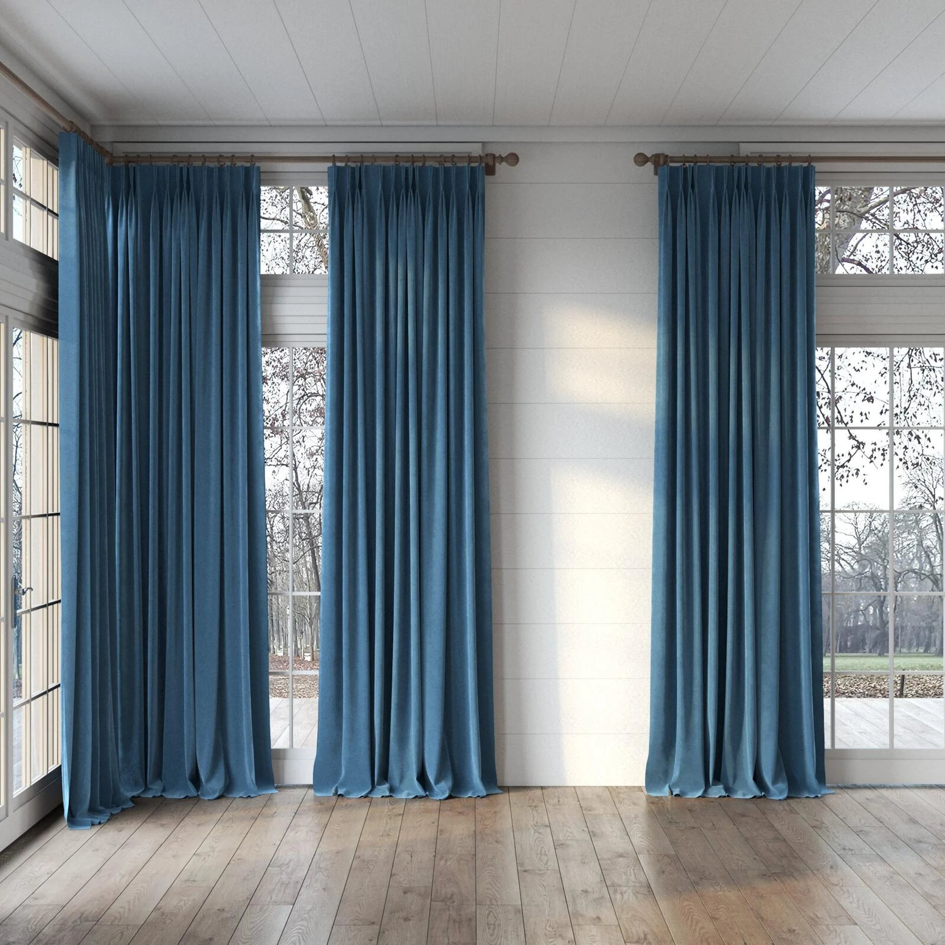 Full view of Lux Velvet Azure 8817, puddled, on curtain rod