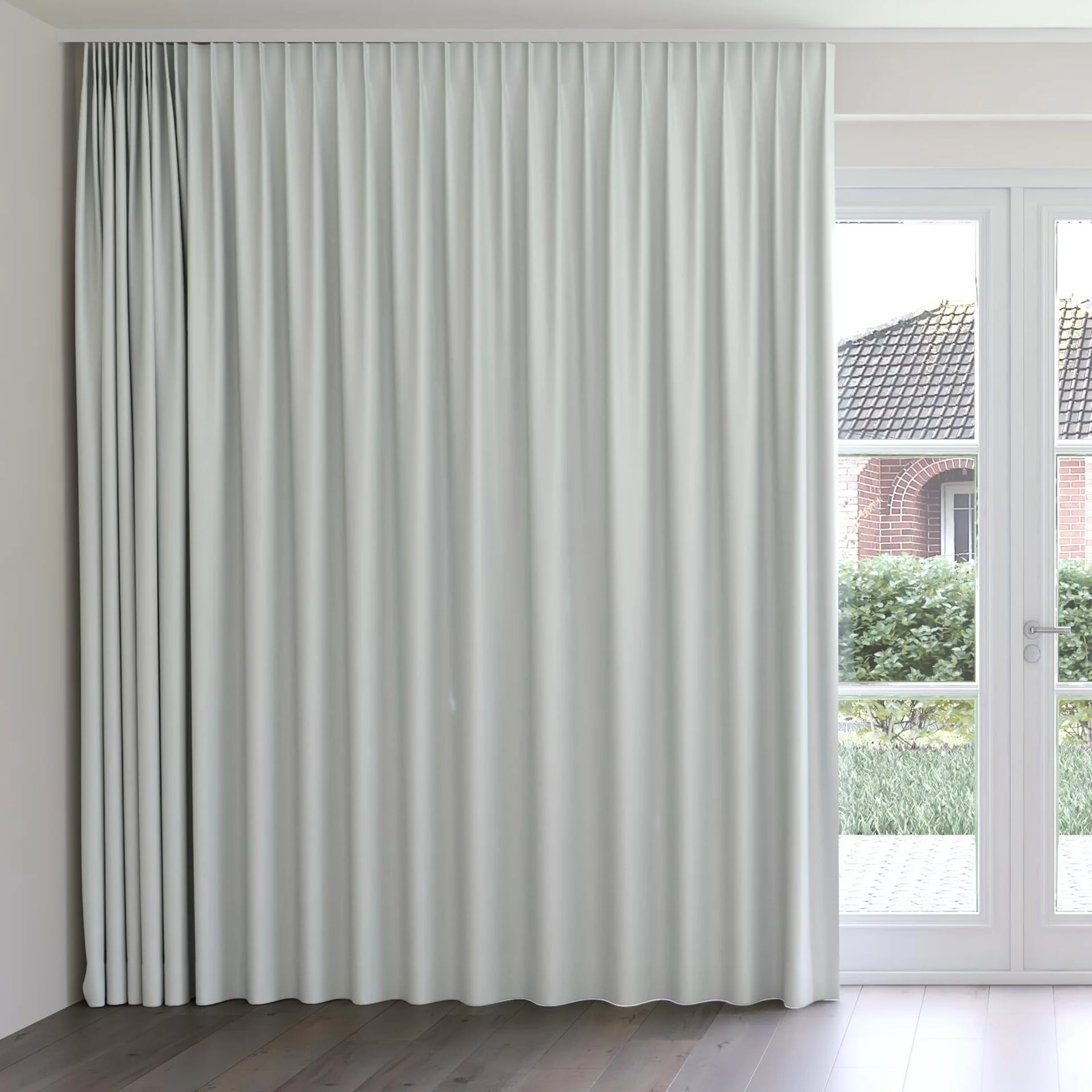 Front view of Woolskin Silver, on curtain rail