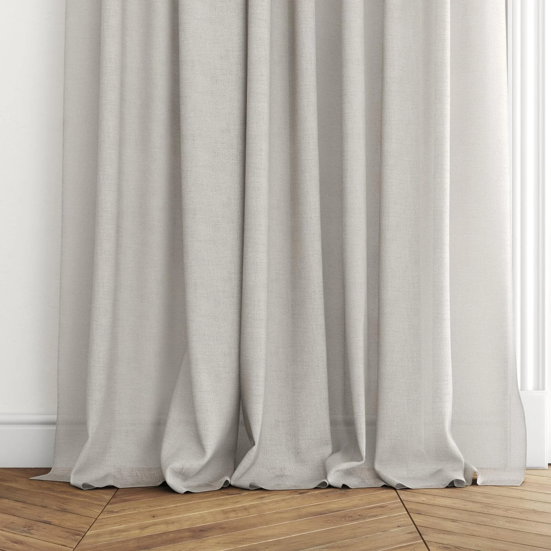 Bottom view of Statement Flax, puddled with pinch pleat, on curtain rod