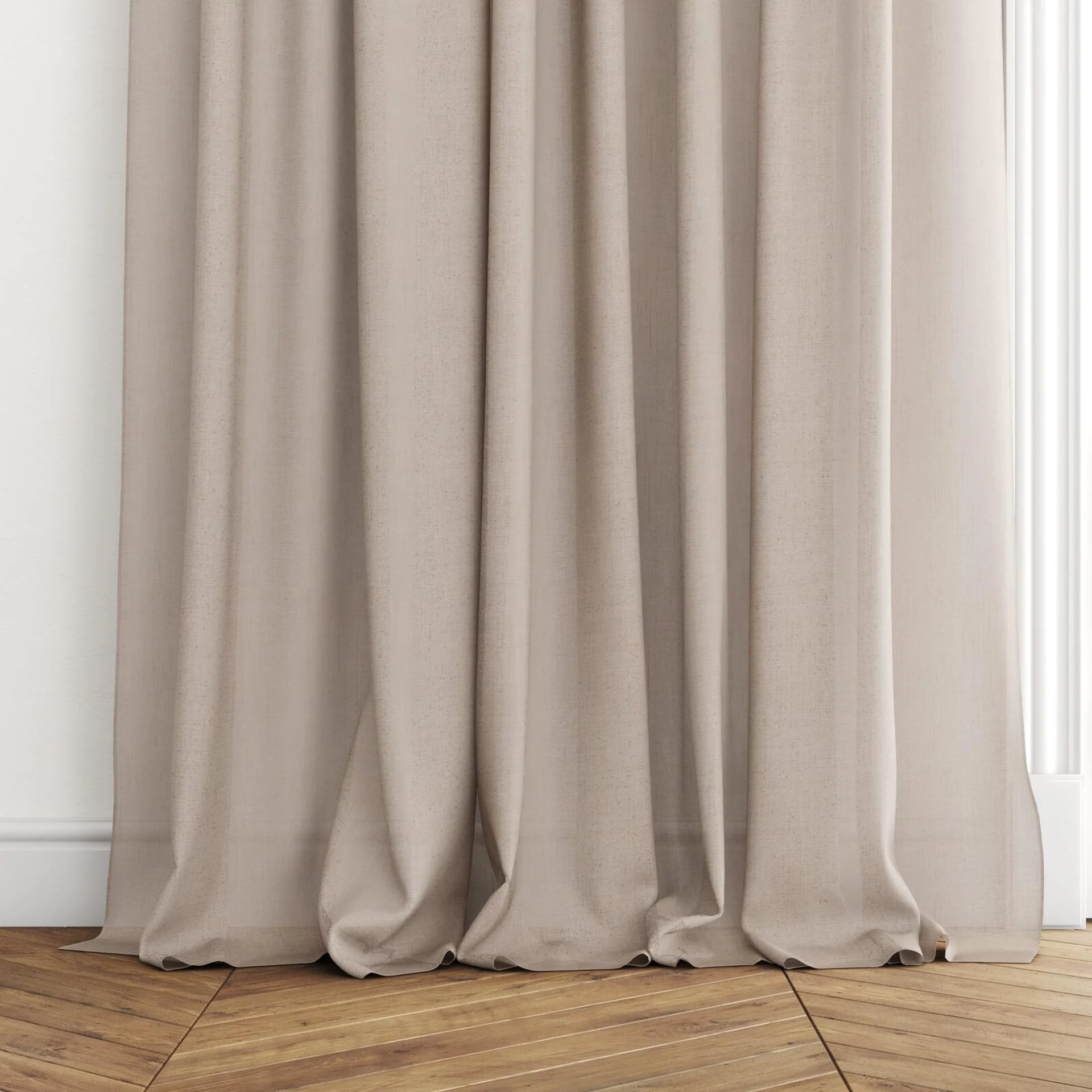 Bottom view of Antipodes Blush, puddled with pinch pleat, on curtain rod