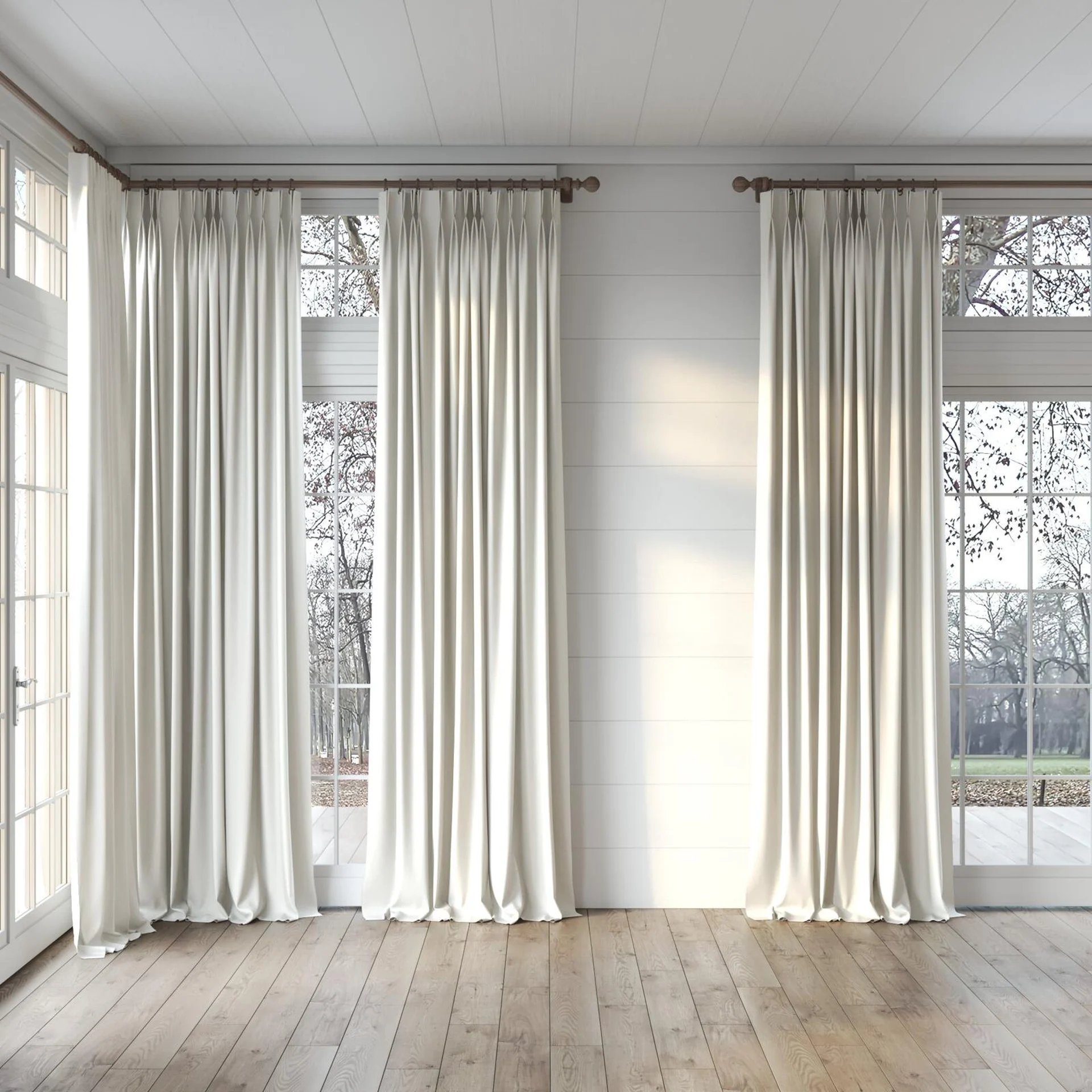 Full view of Brugge Sesame, puddled, on curtain rod