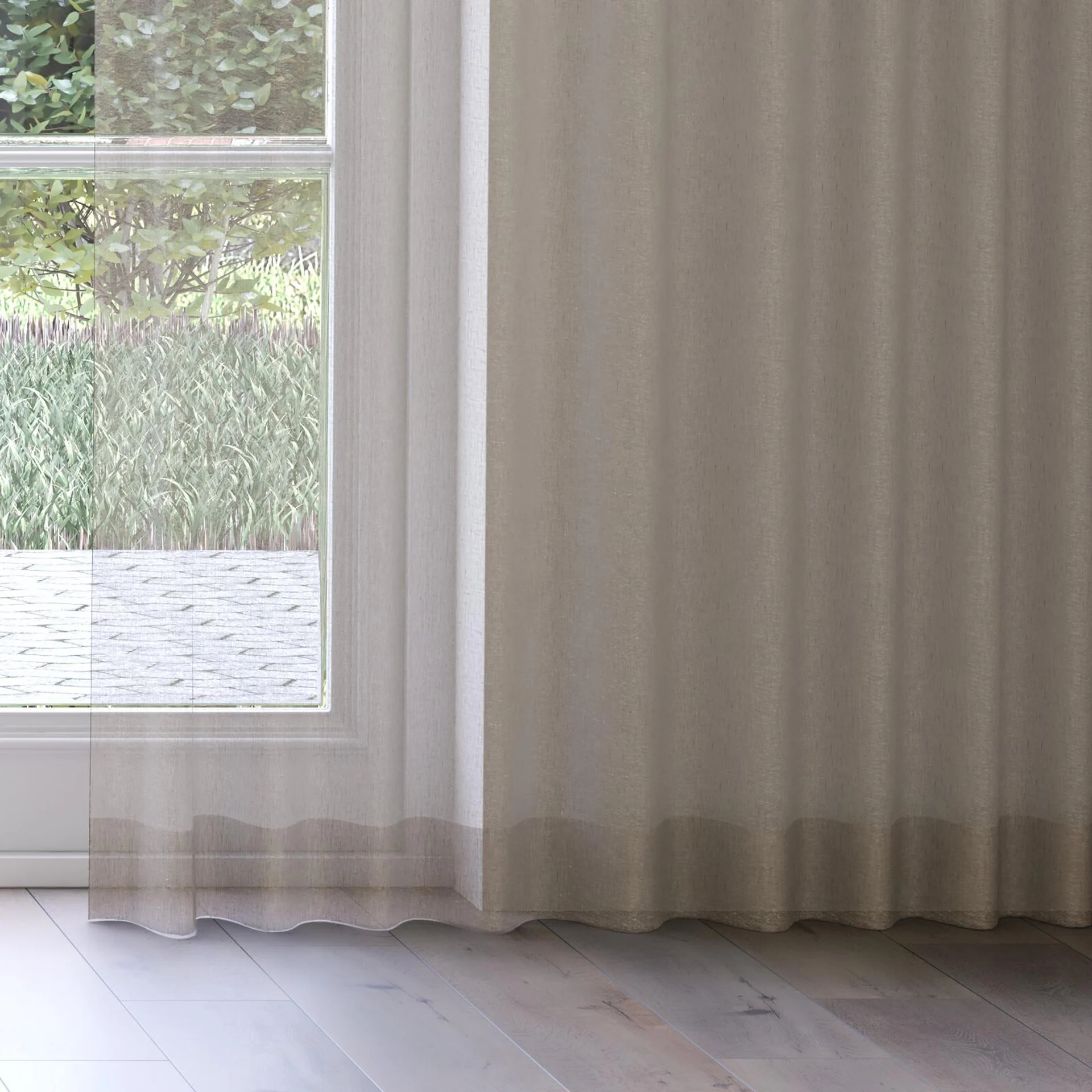 Bottom view of Pure Linen Fossil, on curtain rail