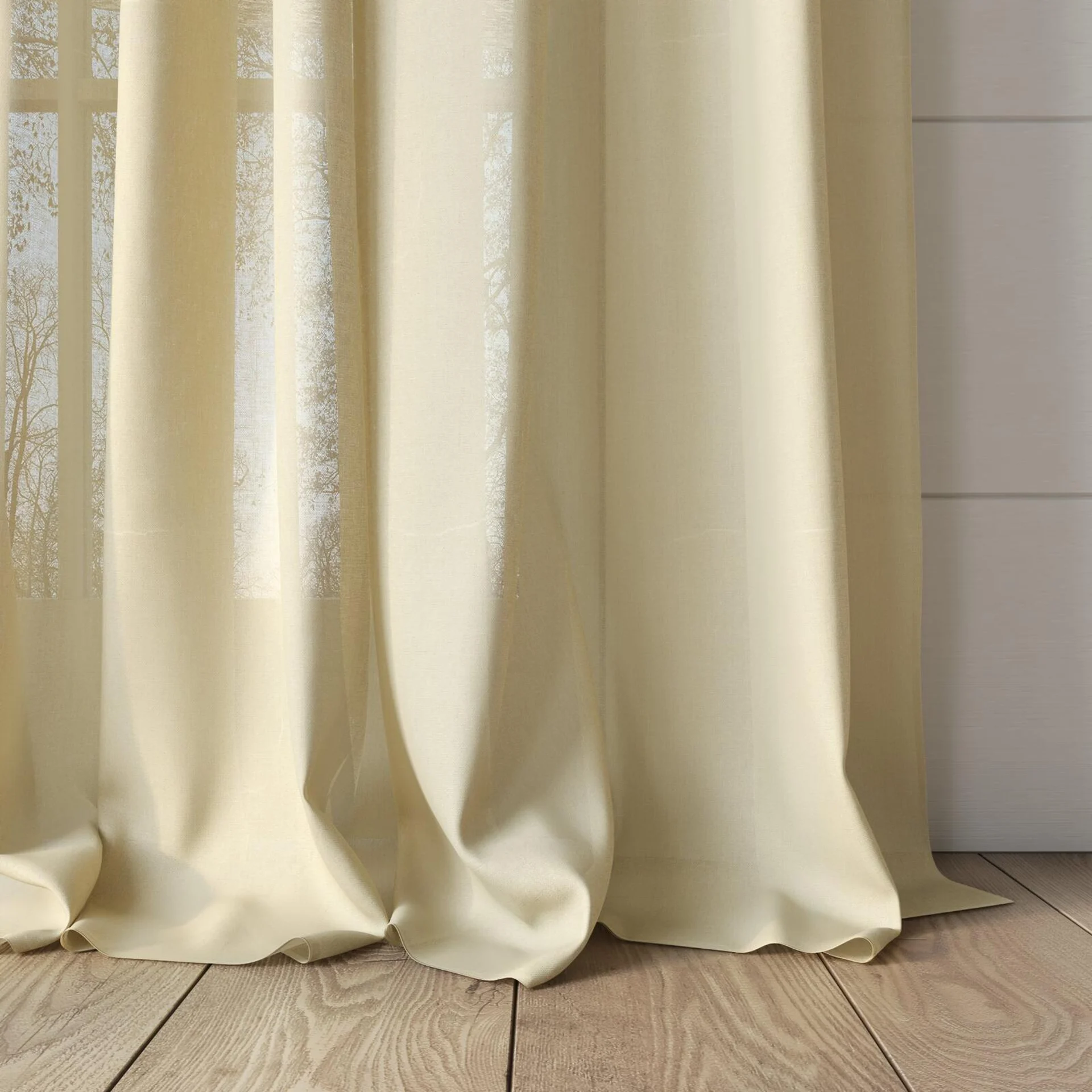 Bottom view of Gossy Caramel, puddled, on curtain rod