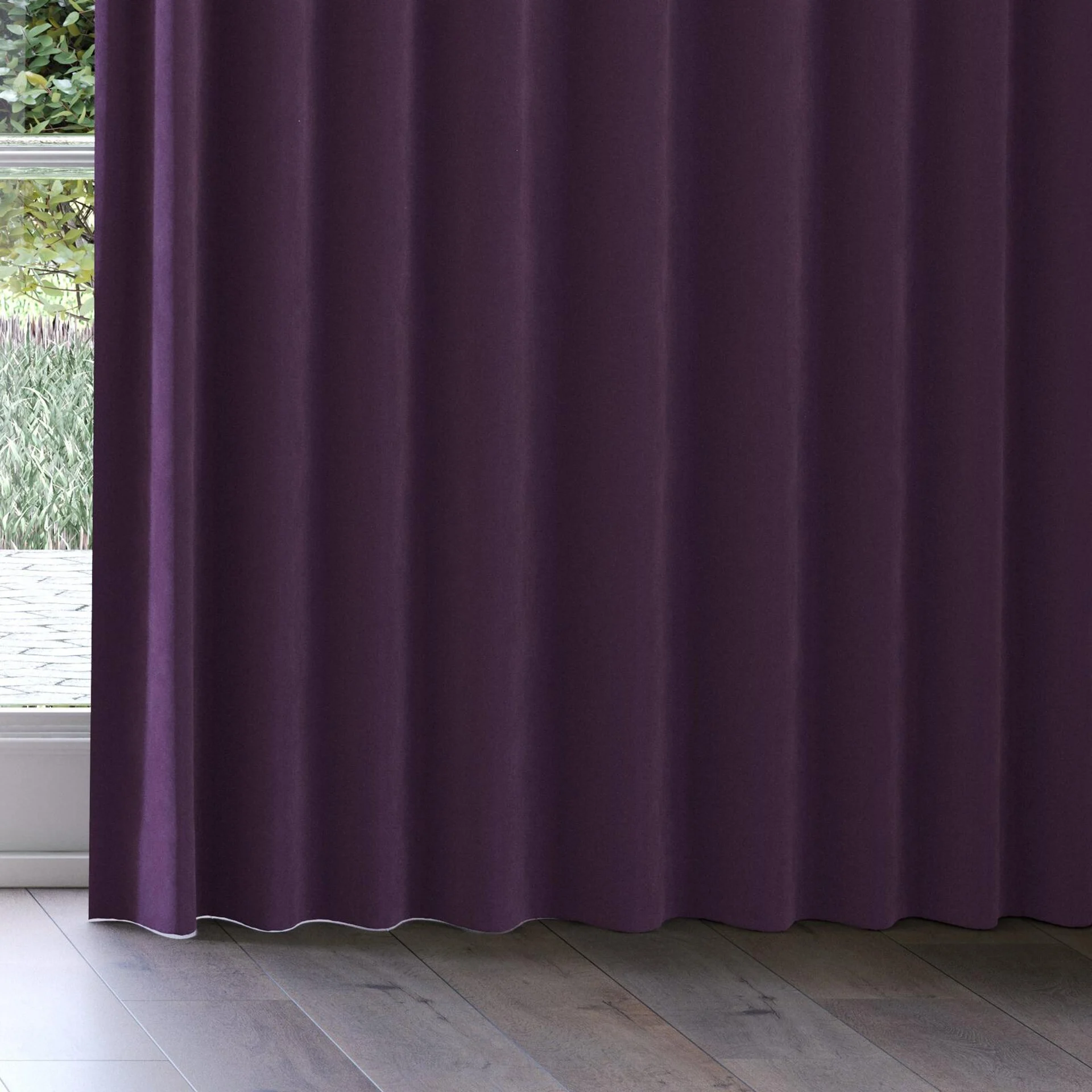 Bottom view of Lux Velvet Aubergine 8612, on curtain rail