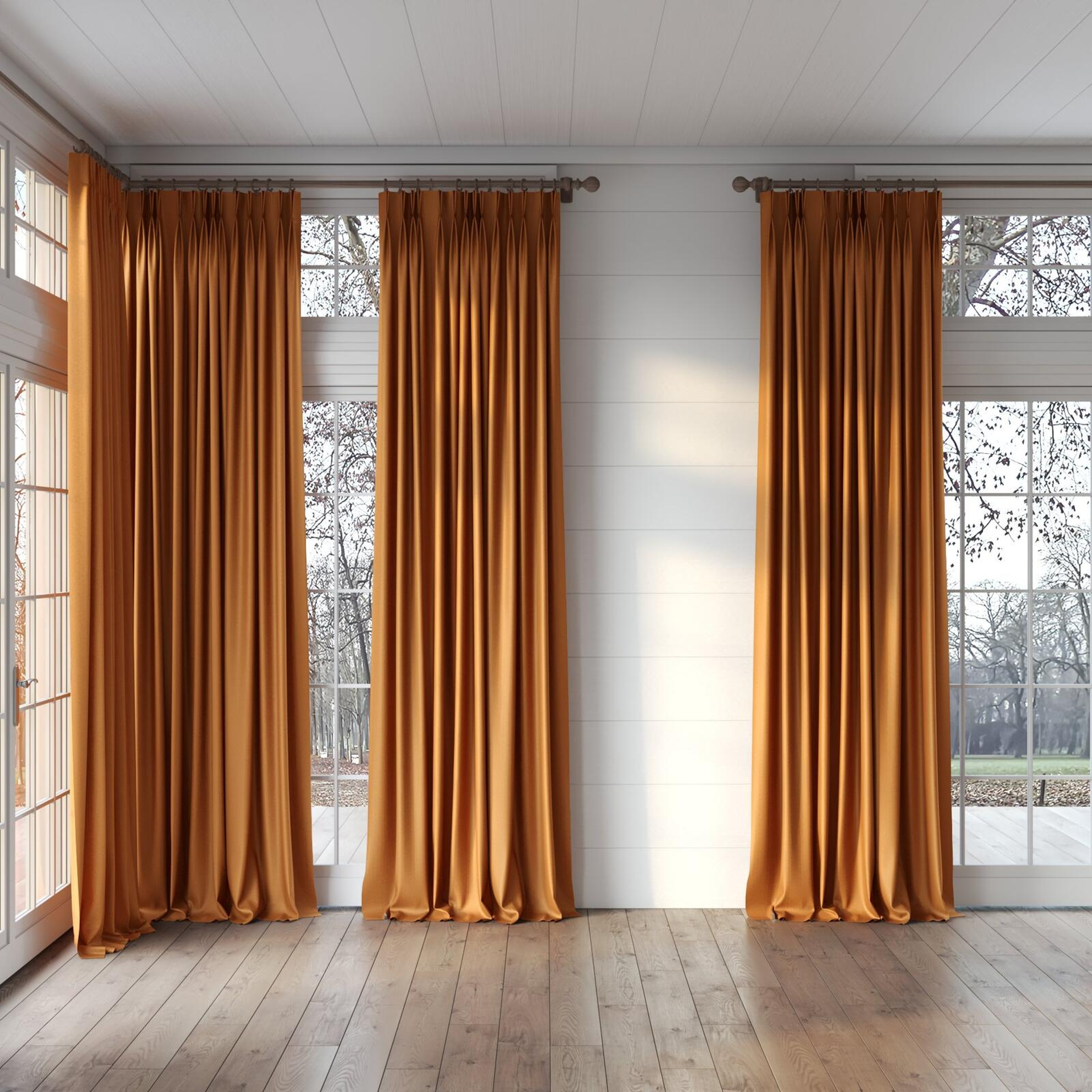 Full view of Taylor Oxide, puddled, on curtain rod