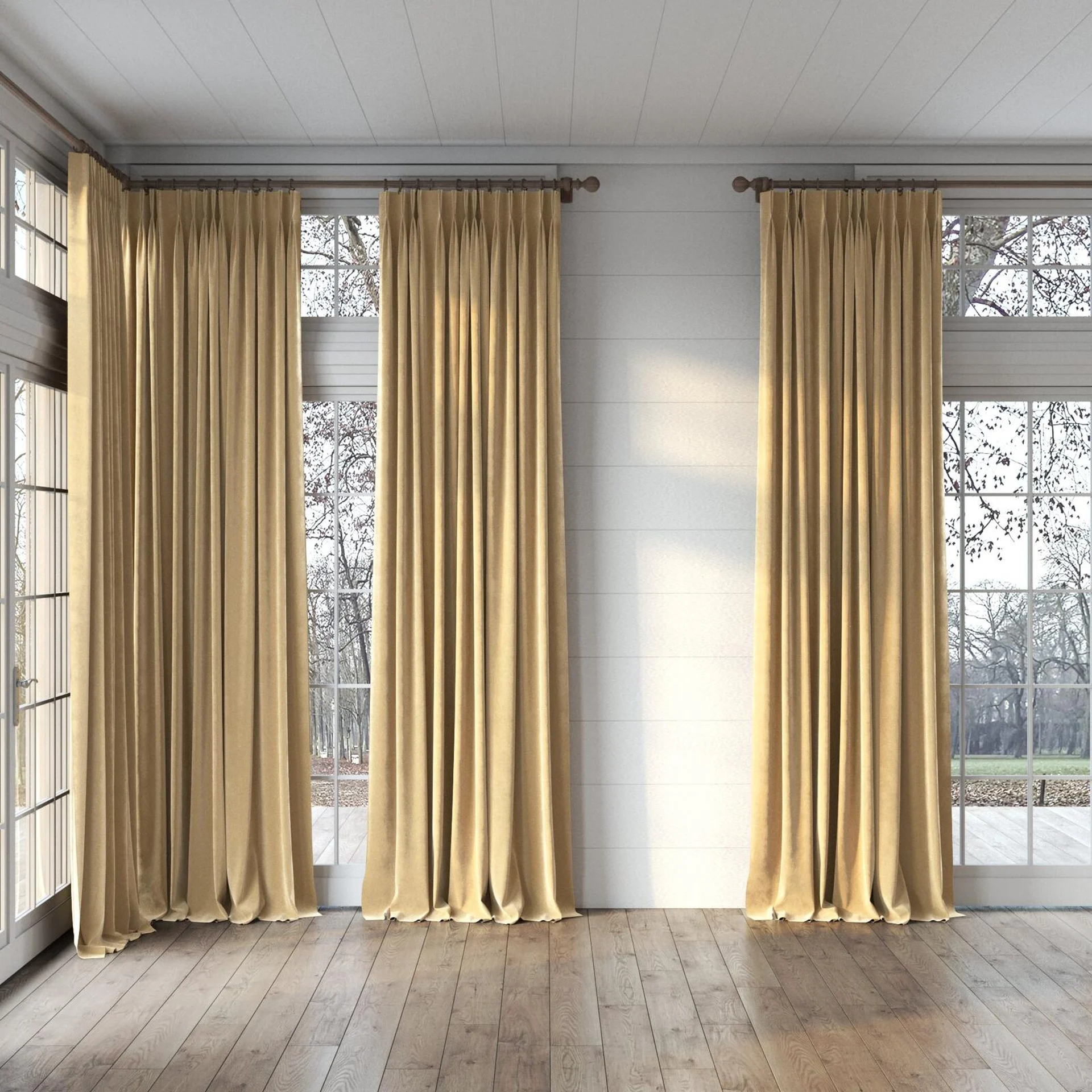 Full view of Lux Velvet Antelope 8406, puddled, on curtain rod