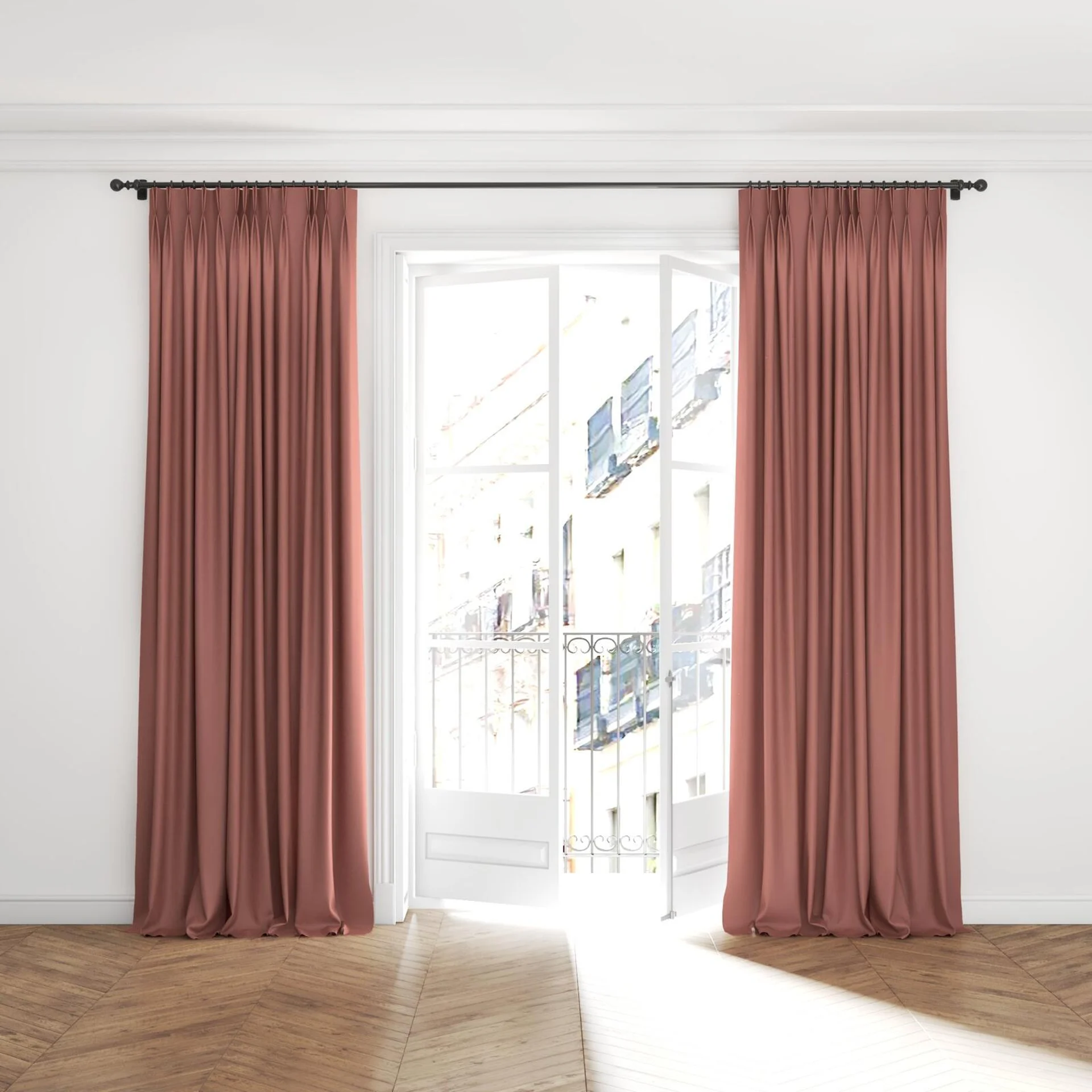 Full view of Eternal Guava, puddled with pinch pleat, on curtain rod