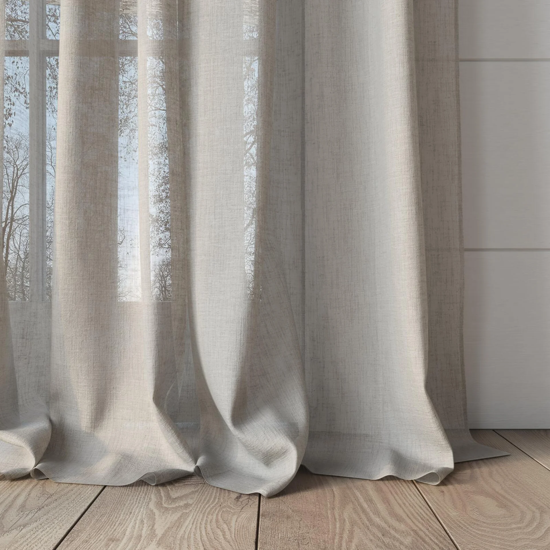 Bottom view of Cirrus Taupe, puddled, on curtain rod