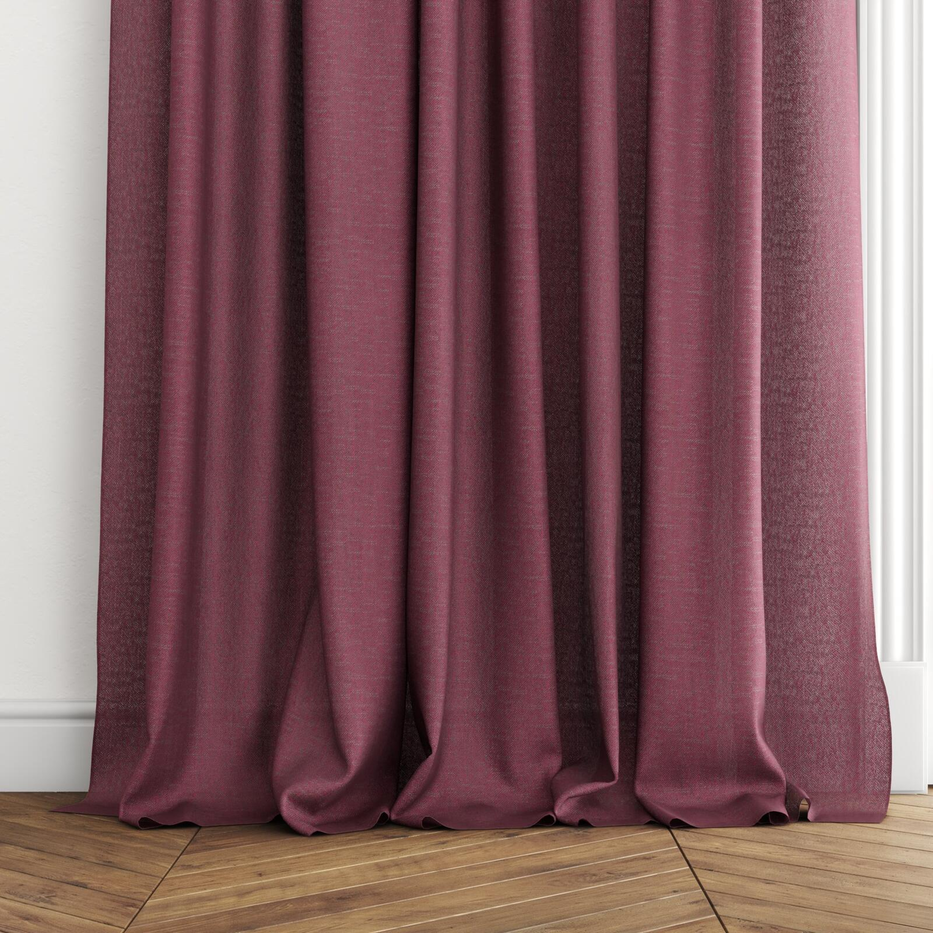 Bottom view of Lucidity Raspberry, puddled with pinch pleat, on curtain rod