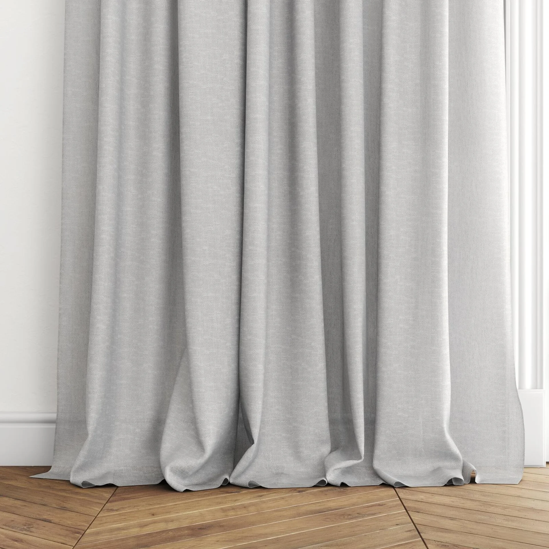 Bottom view of Lucidity Silver, puddled with pinch pleat, on curtain rod