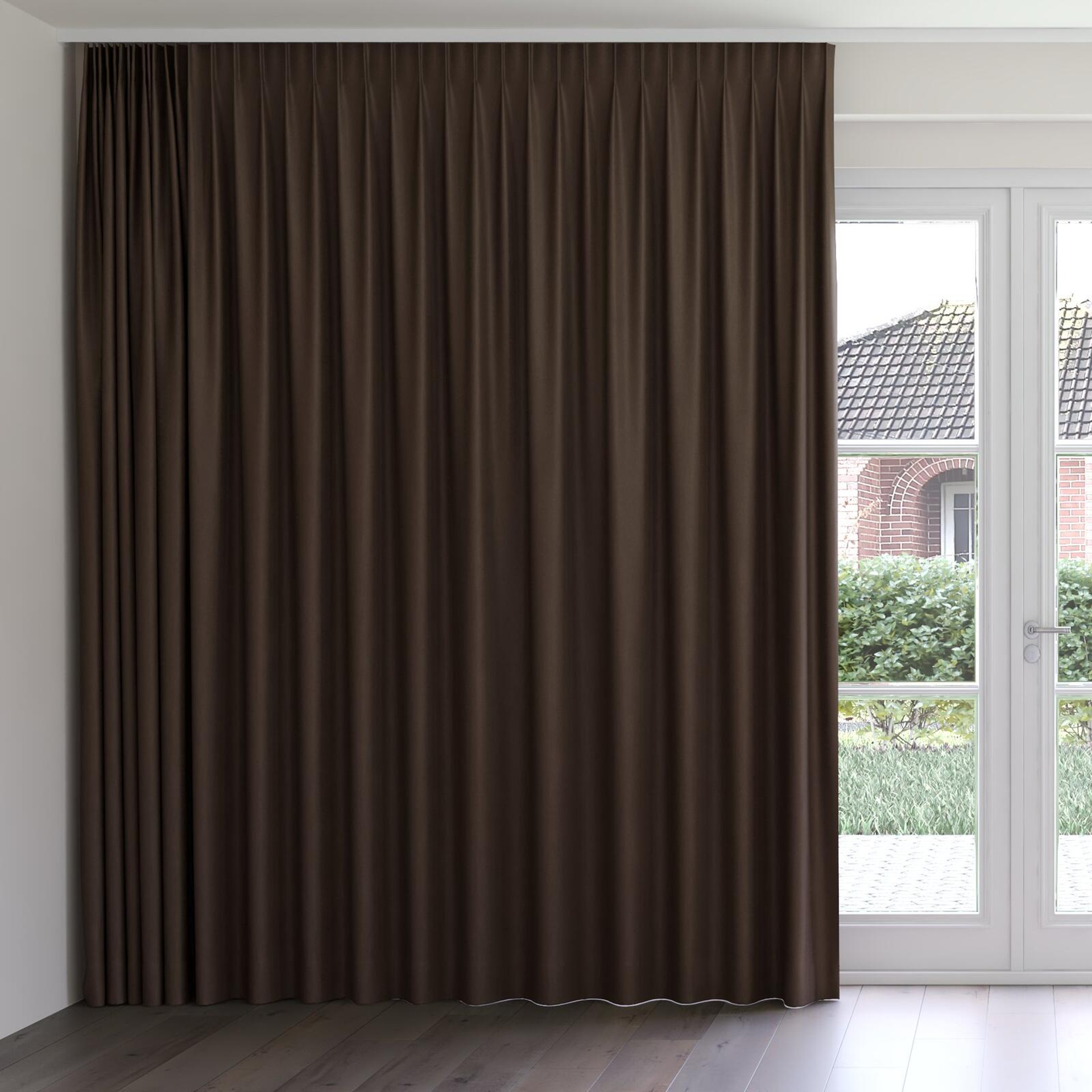Front view of Woolly/Woolen Cocoa, on curtain rail