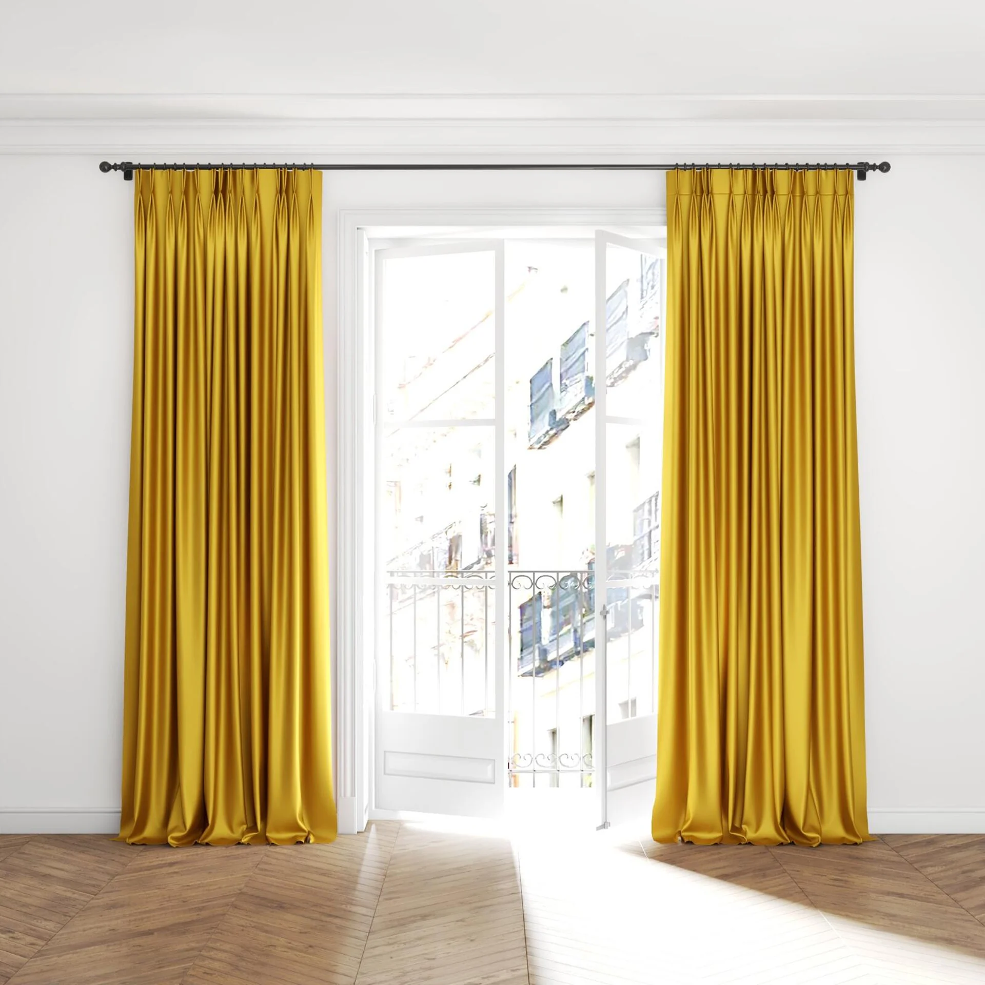 Full view of Moonbeam Mimosa, puddled with pinch pleat, on curtain rod
