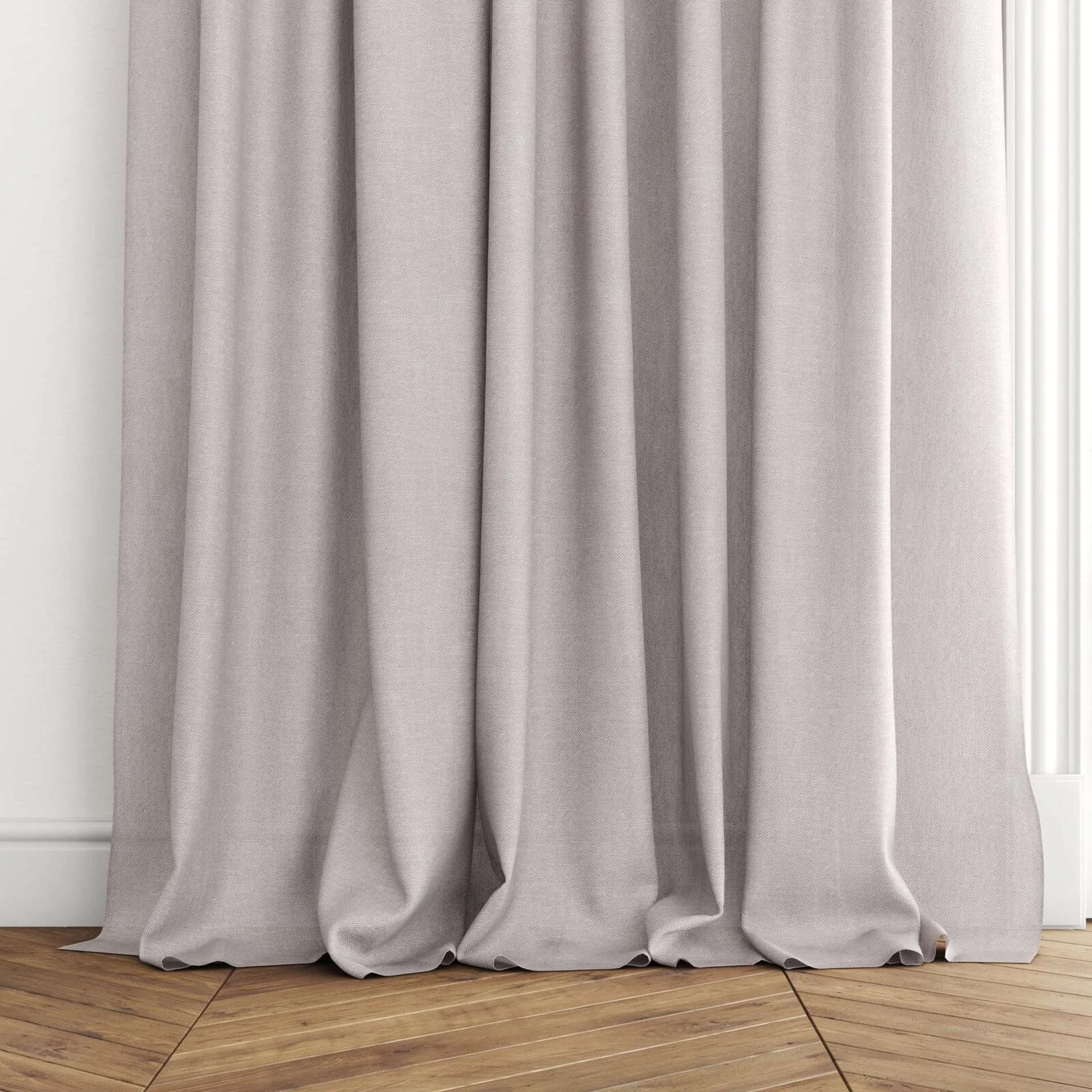 Bottom view of Lucidity Blush, puddled with pinch pleat, on curtain rod