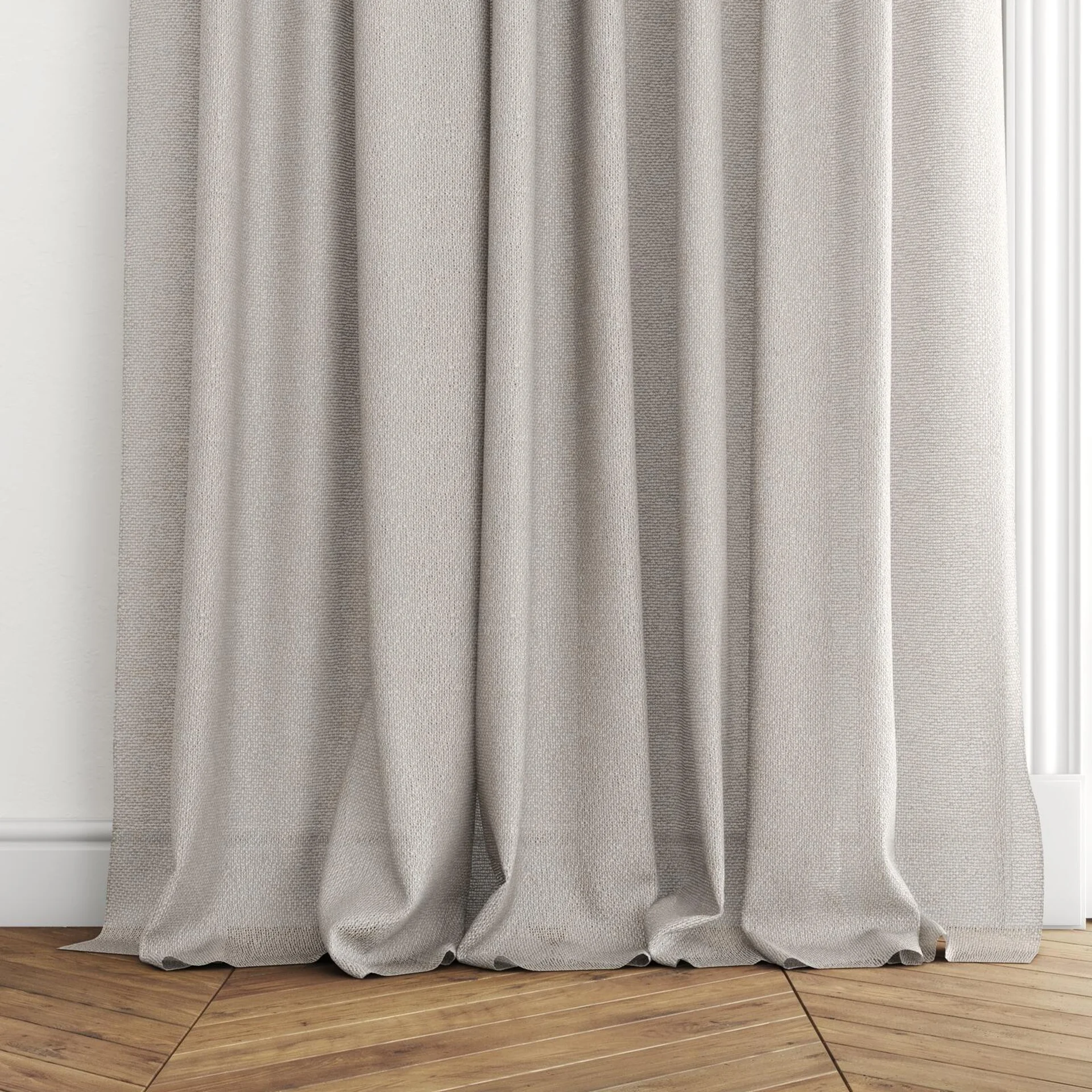 Bottom view of Tactility Stone, puddled with pinch pleat, on curtain rod