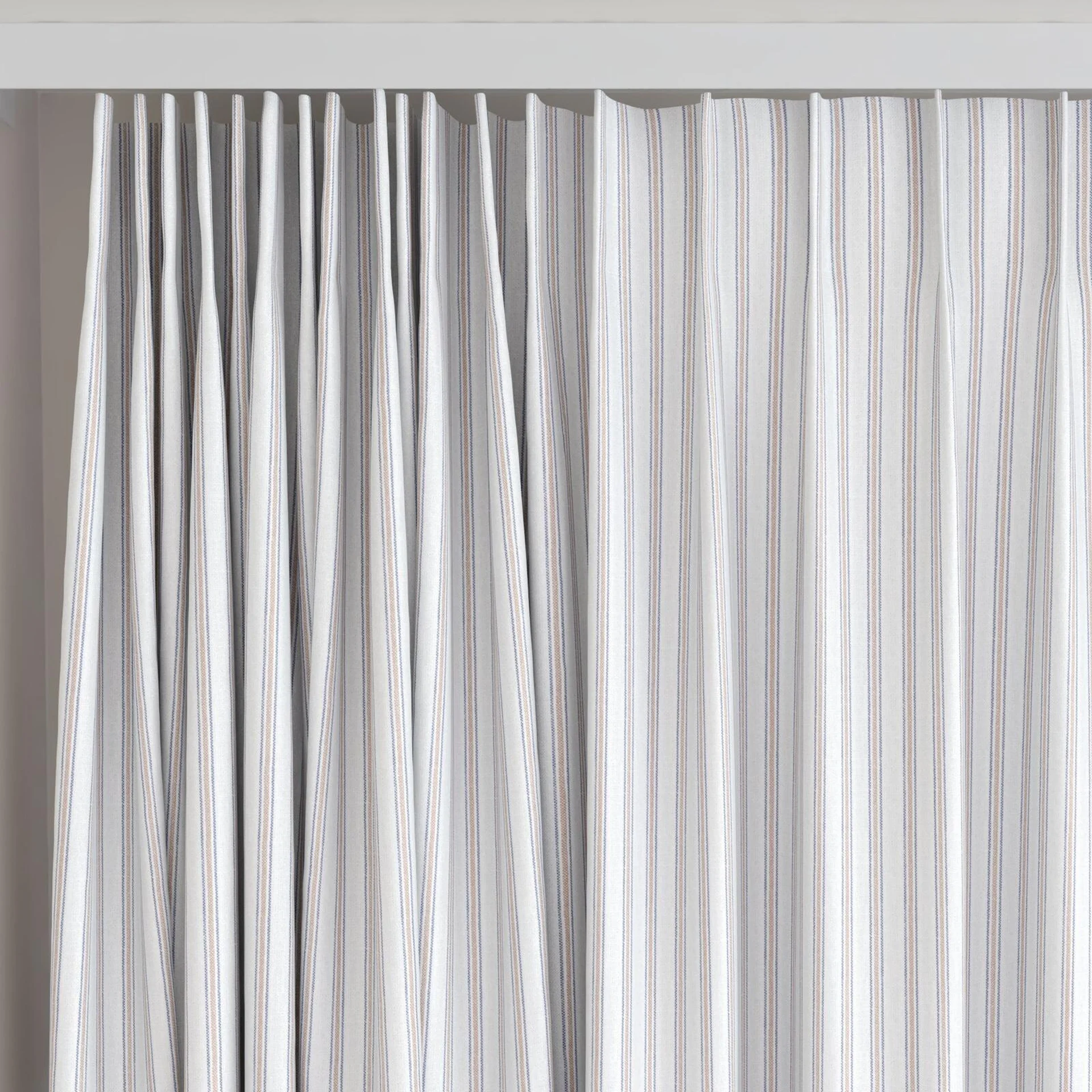 Top view of Chambray Ticking Clay, on curtain rail